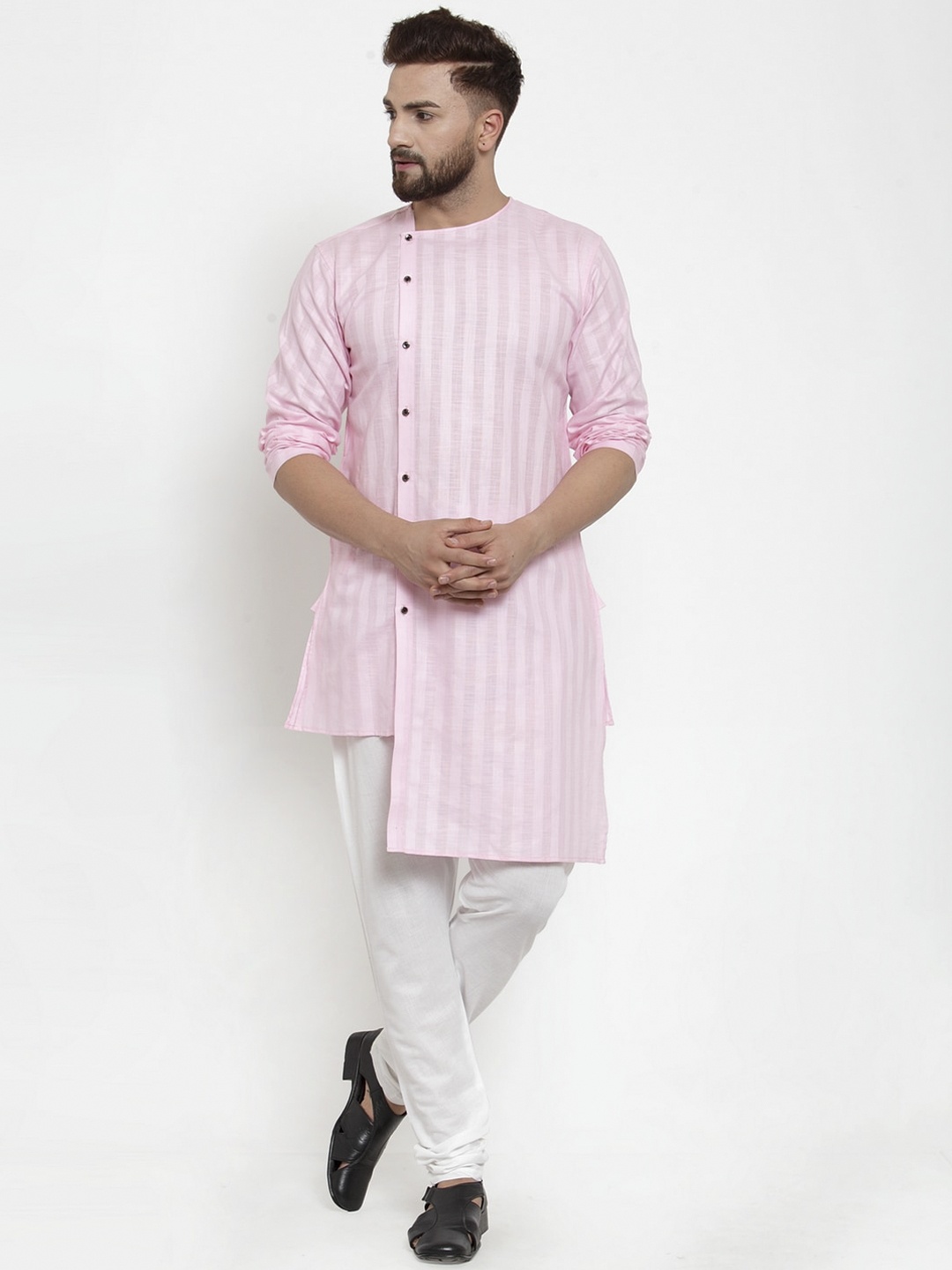 KLOTTHE Men Pink & White Self Design Kurta with Churidar Pyjamas