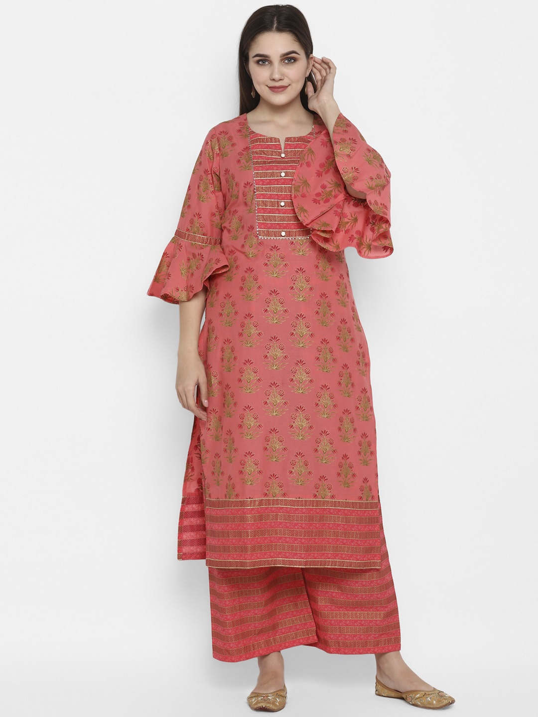 

ZOEYAMS Women Coral Orange & Green Embroidered Straight Kurta