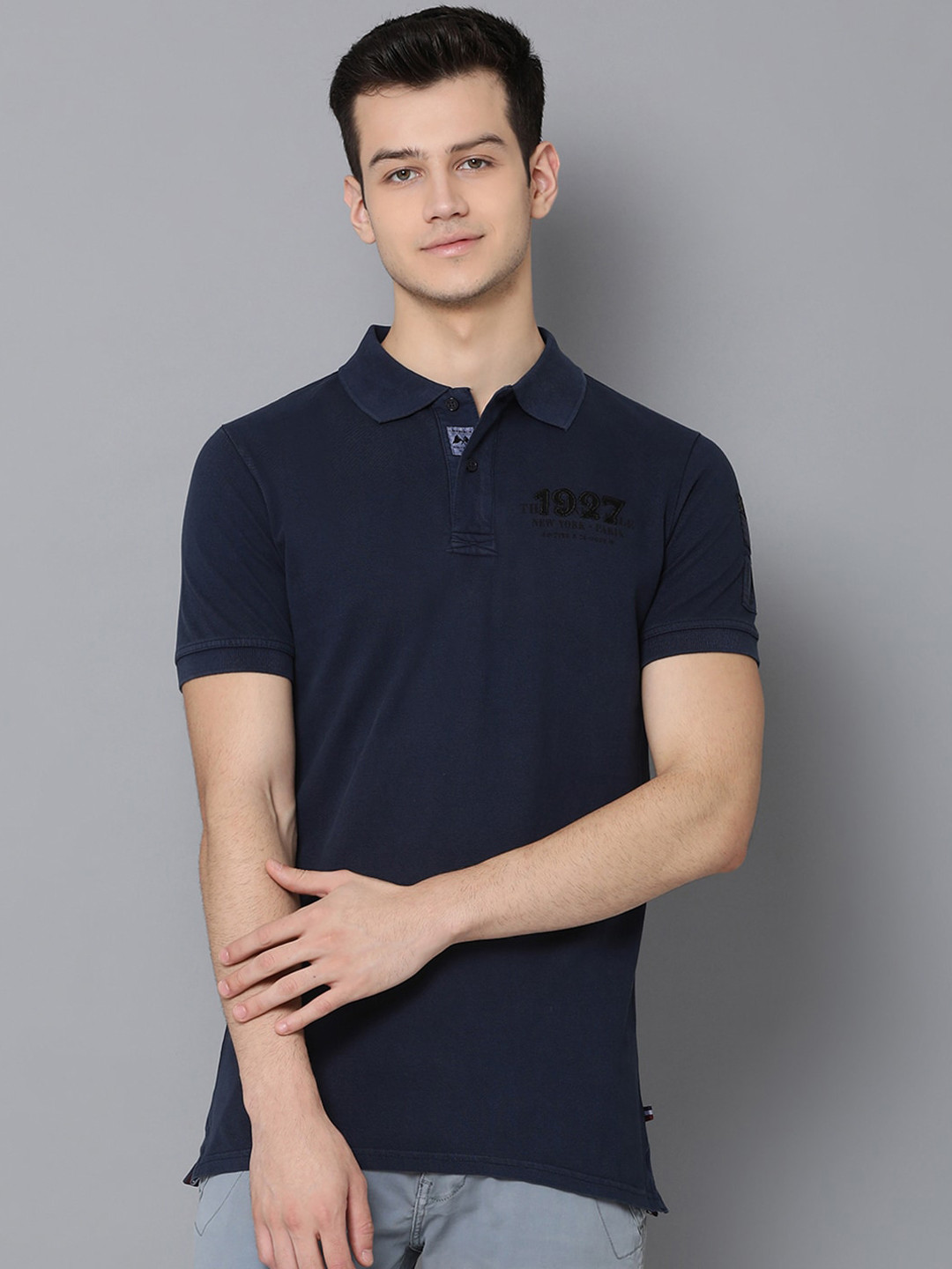 

LINDBERGH Men Navy Blue Solid Polo Collar Slim Fit Pure Cotton T-shirt