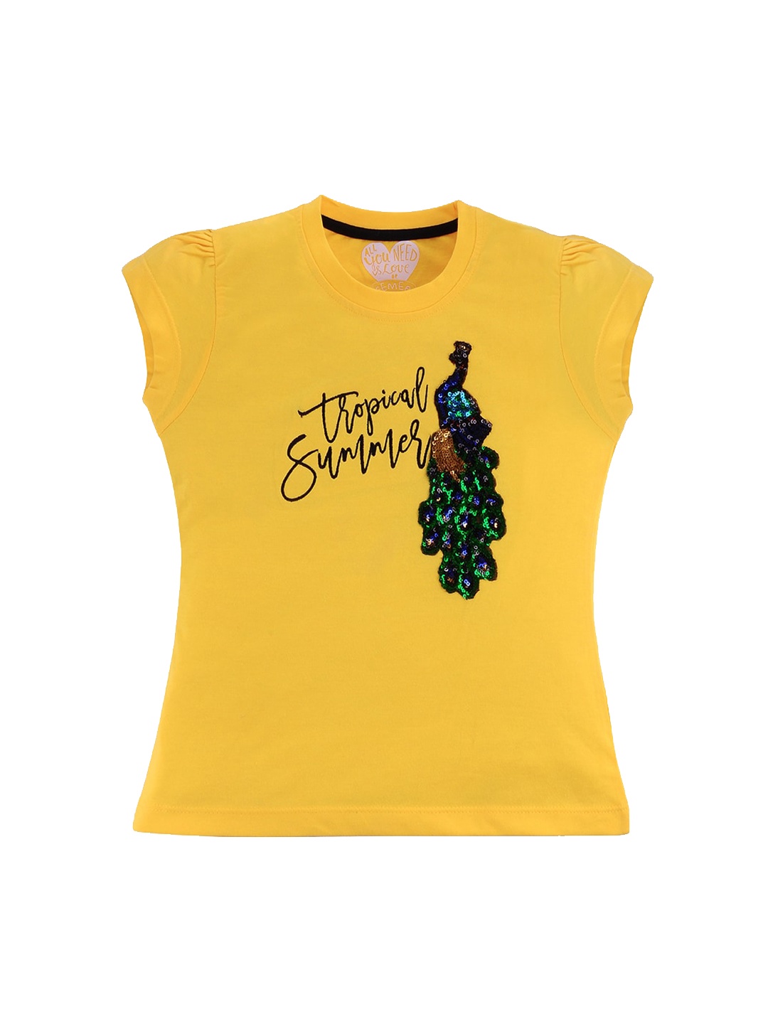 FEMEA Girls Yellow & Black Printed Pure Cotton Top