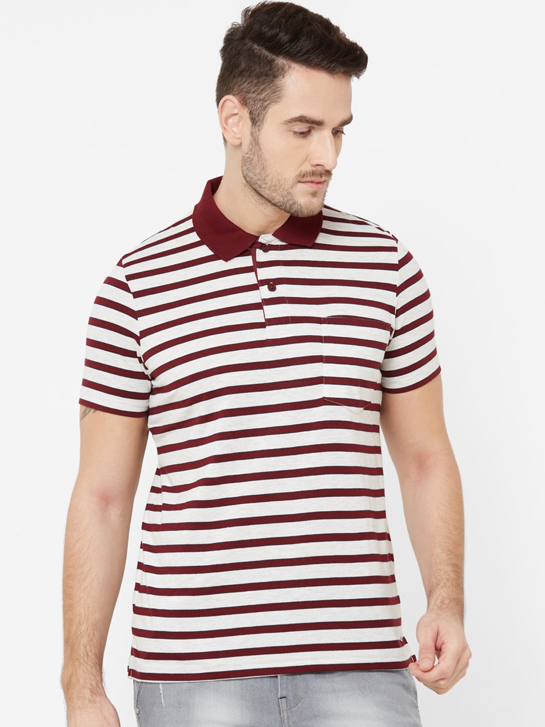 

Sweet Dreams Men White & Maroon Striped Polo Collar T-shirt