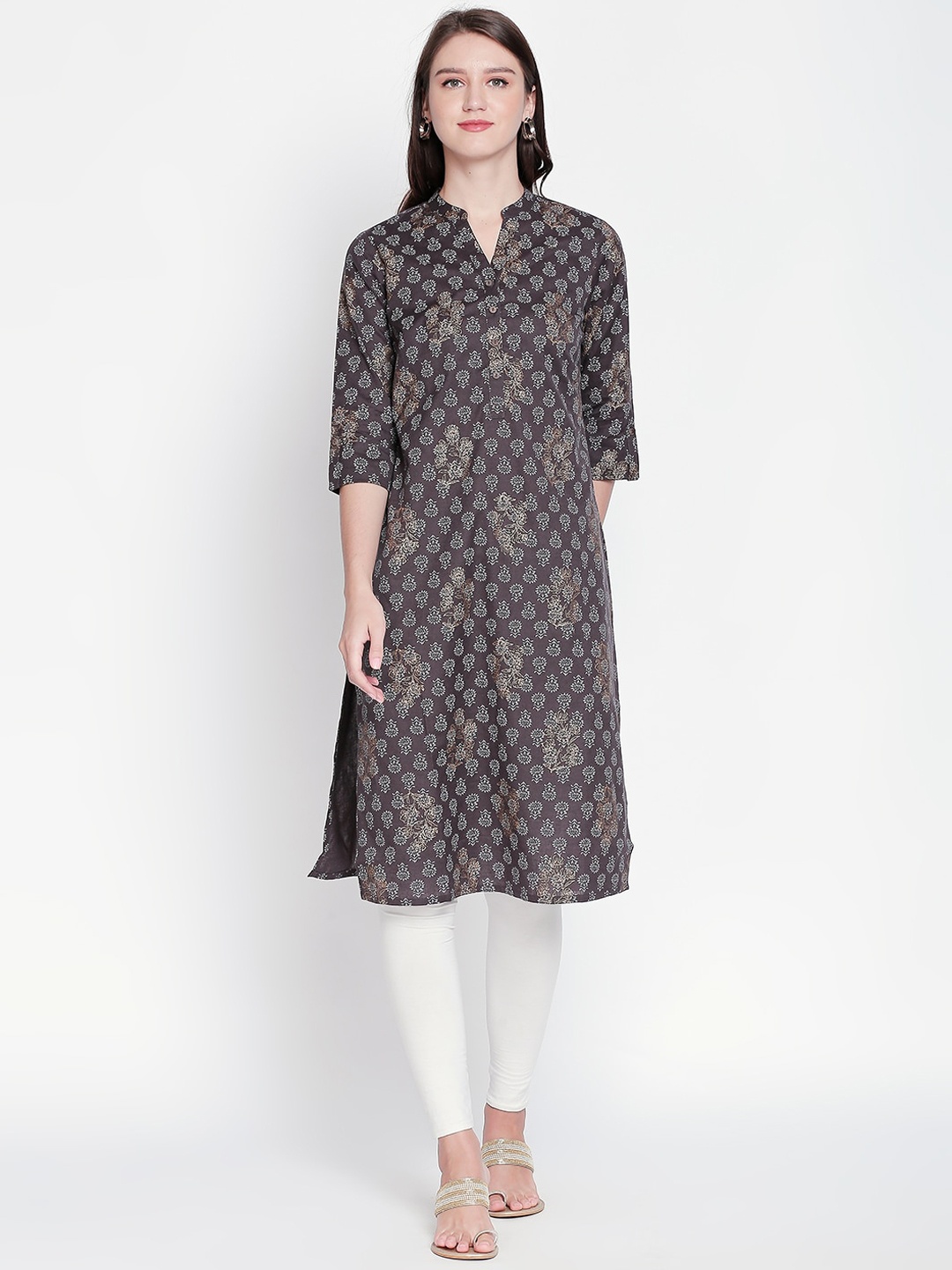 

RANGMANCH BY PANTALOONS Women Grey & White Printed Straight Kurta