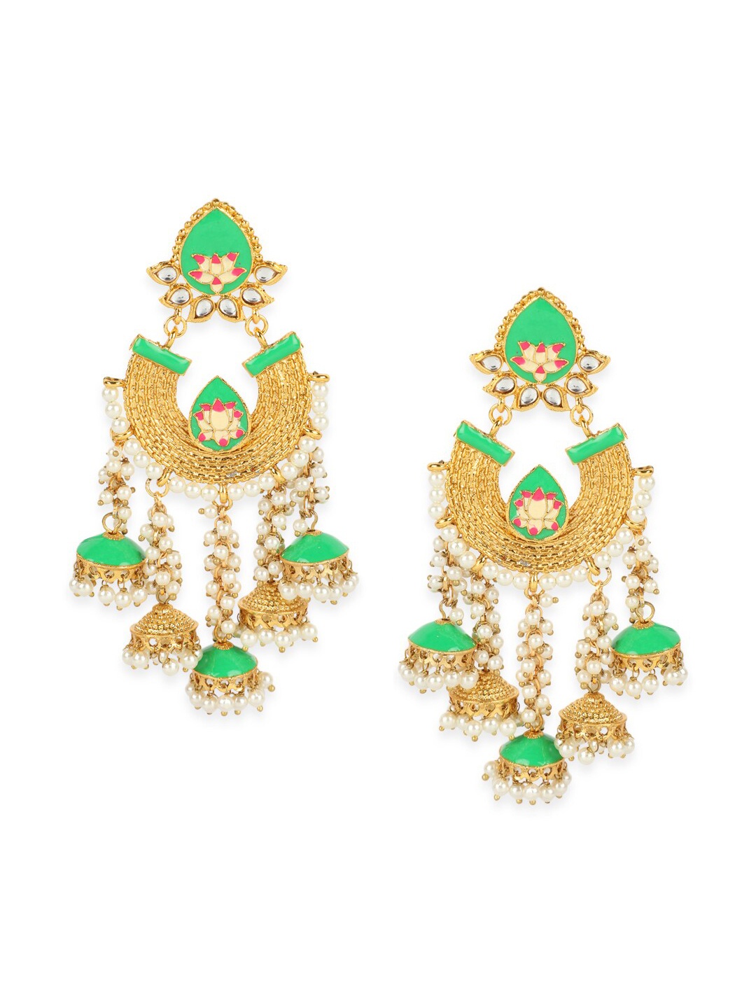 

ANIKAS CREATION Gold-Plated & Green Classic Meenakari Jhumkas