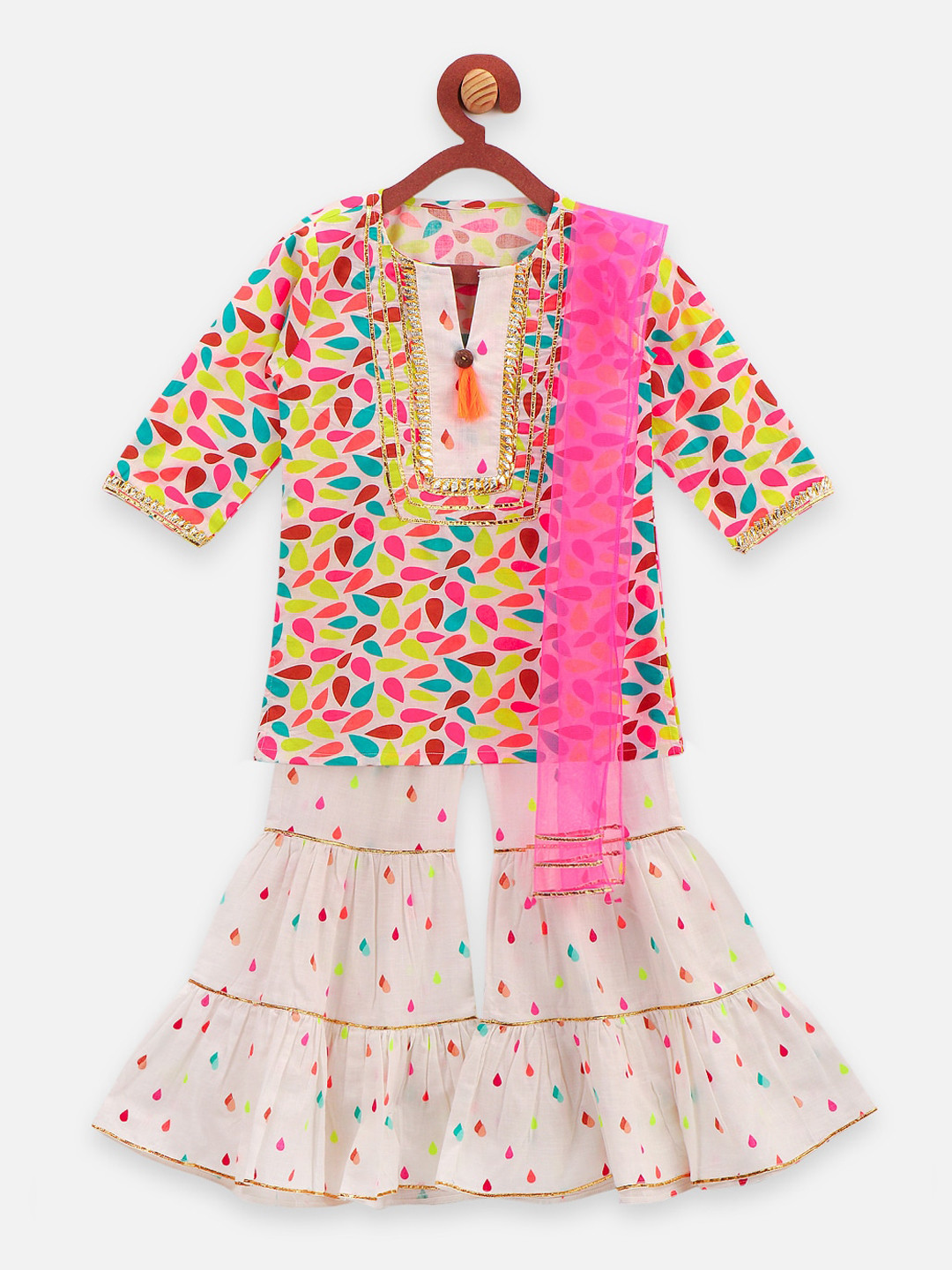 

LilPicks Girls Yellow & Pink Printed Kurta with Sharara & Dupatta