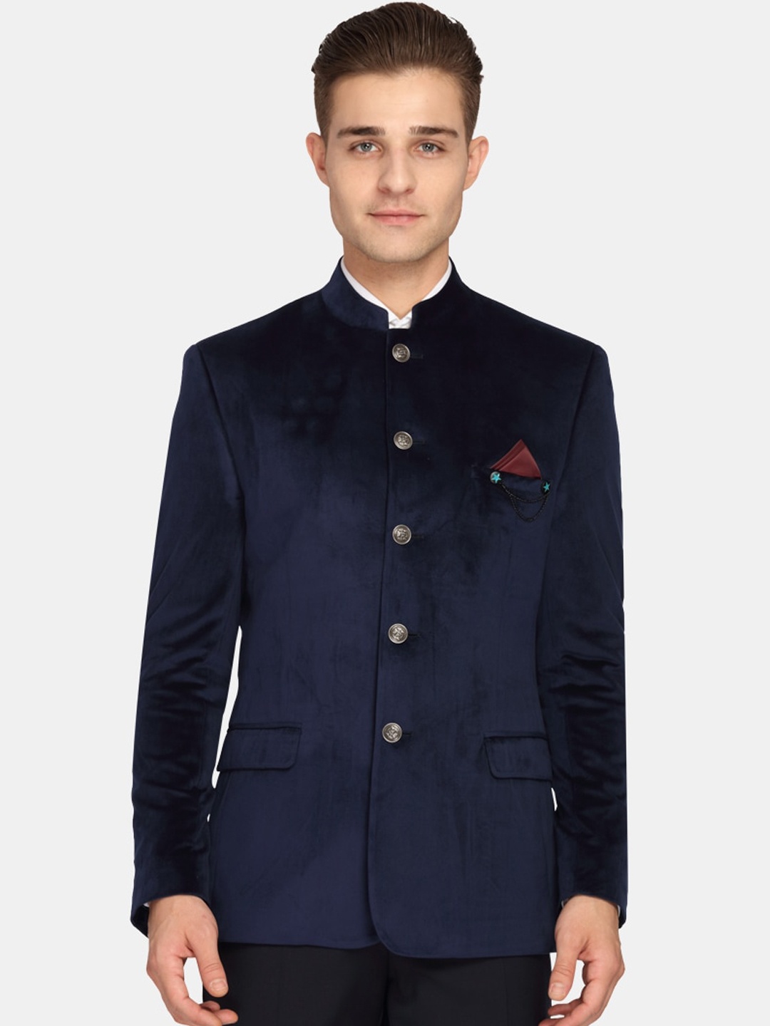 

Theme Men Navy Blue Solid Super Slim-Fit Bandhgala Casual Blazer