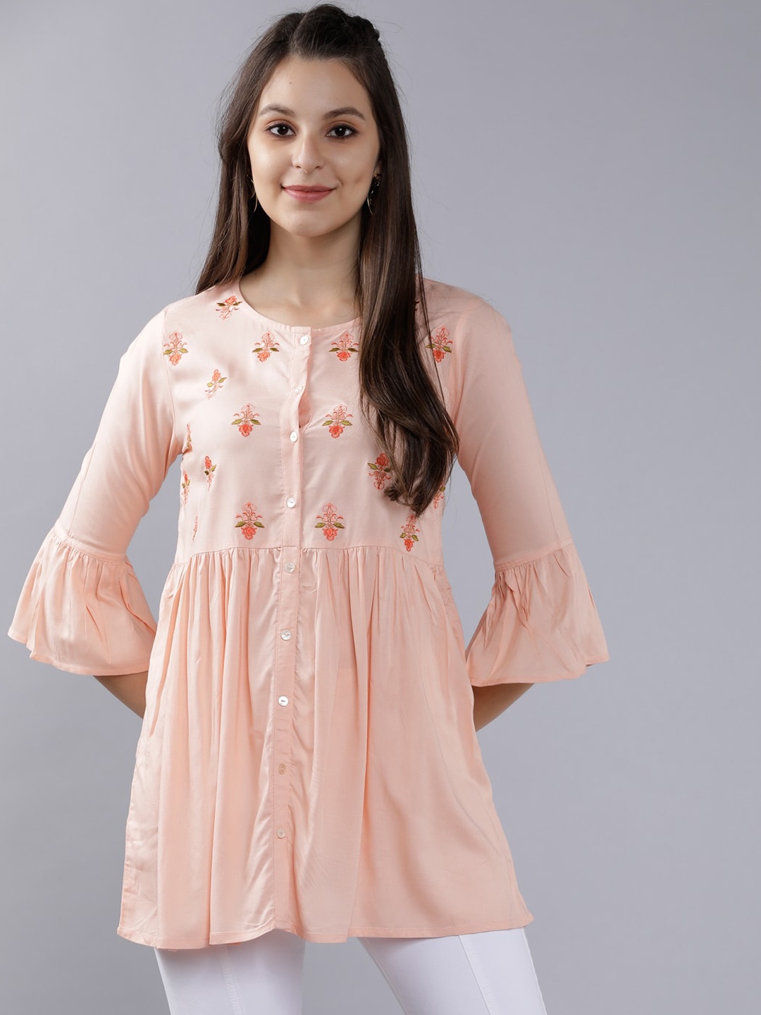 

Vishudh Women Peach-Coloured Ethnic Motifs Embroidered A-Line Tunic