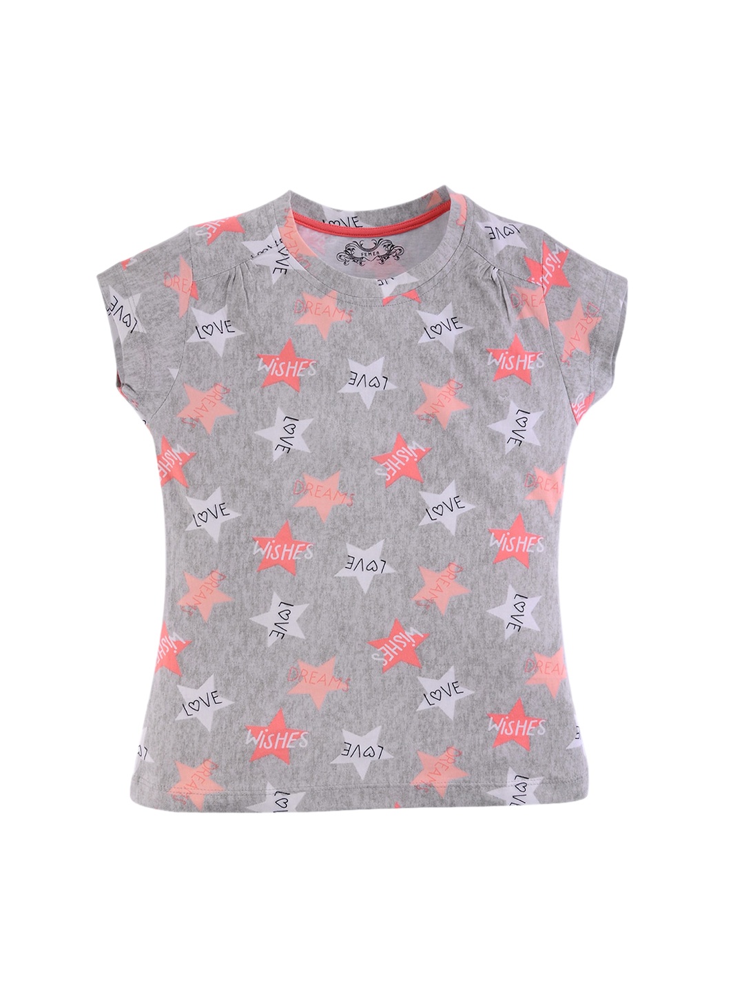 

FEMEA Girls Grey Printed Pure Cotton Top