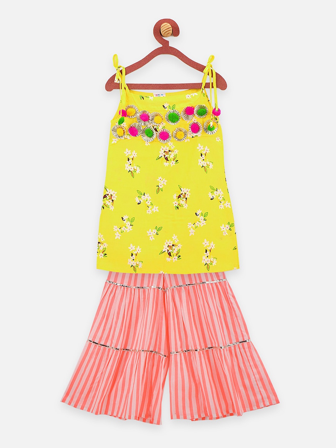 

LilPicks Girls Yellow Printed Top with Pink & White Striped Sharara