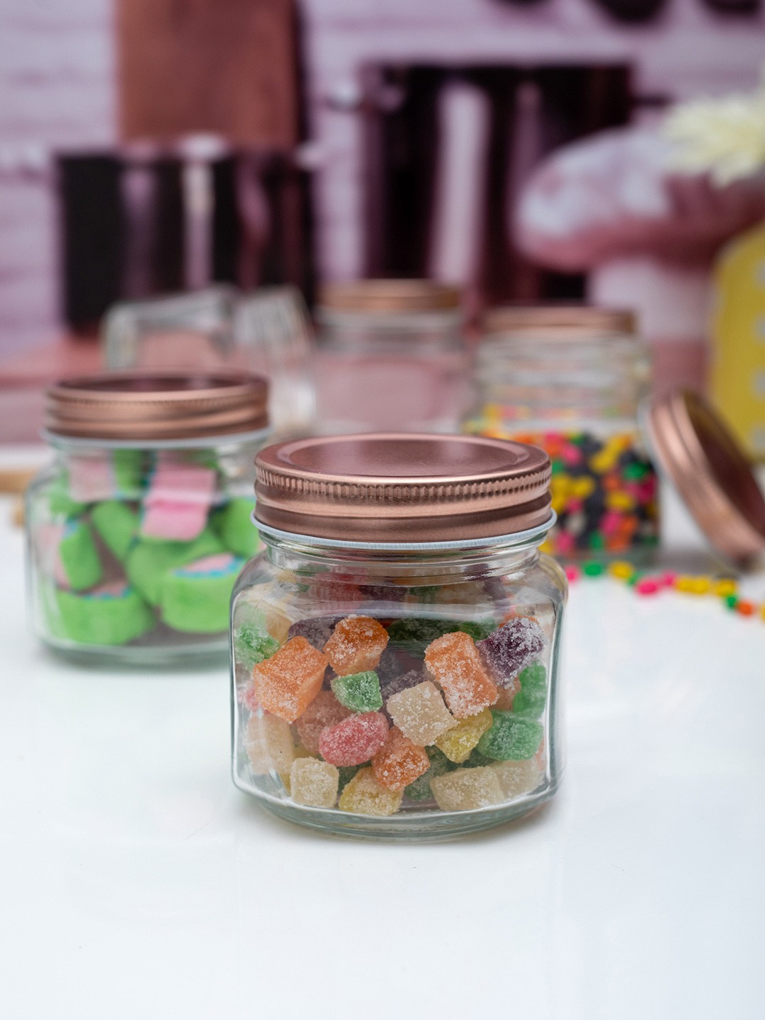 

White Gold Set Of 6 Transparent Glass Jars With Copper Lid