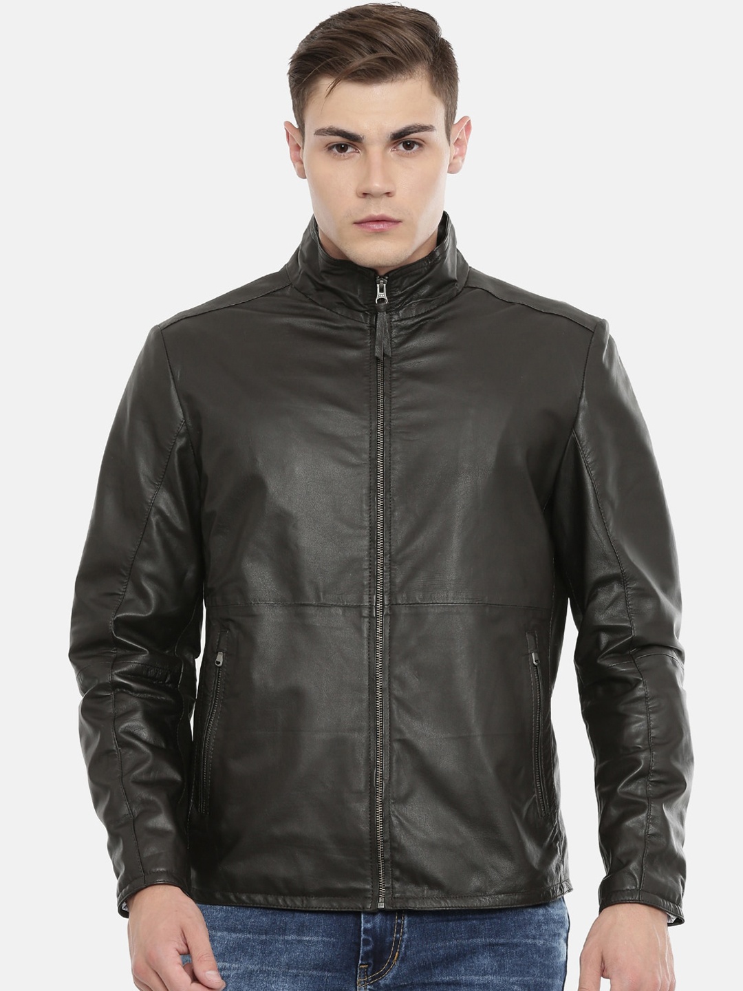

MONOCHROME Men Coffee Brown Solid Insulator Leather Jacket