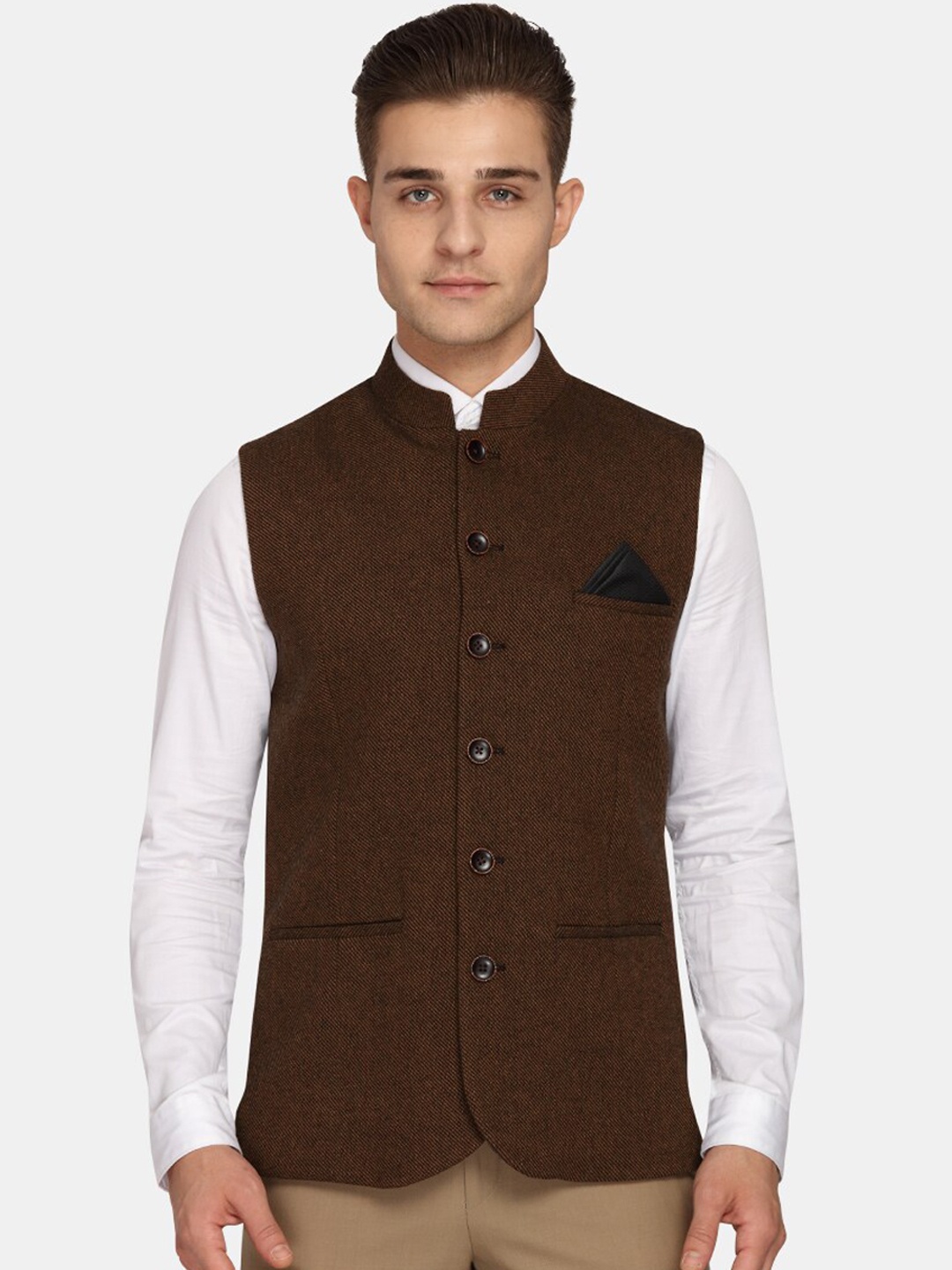 Theme Men Brown Solid Woven Nehru Jacket