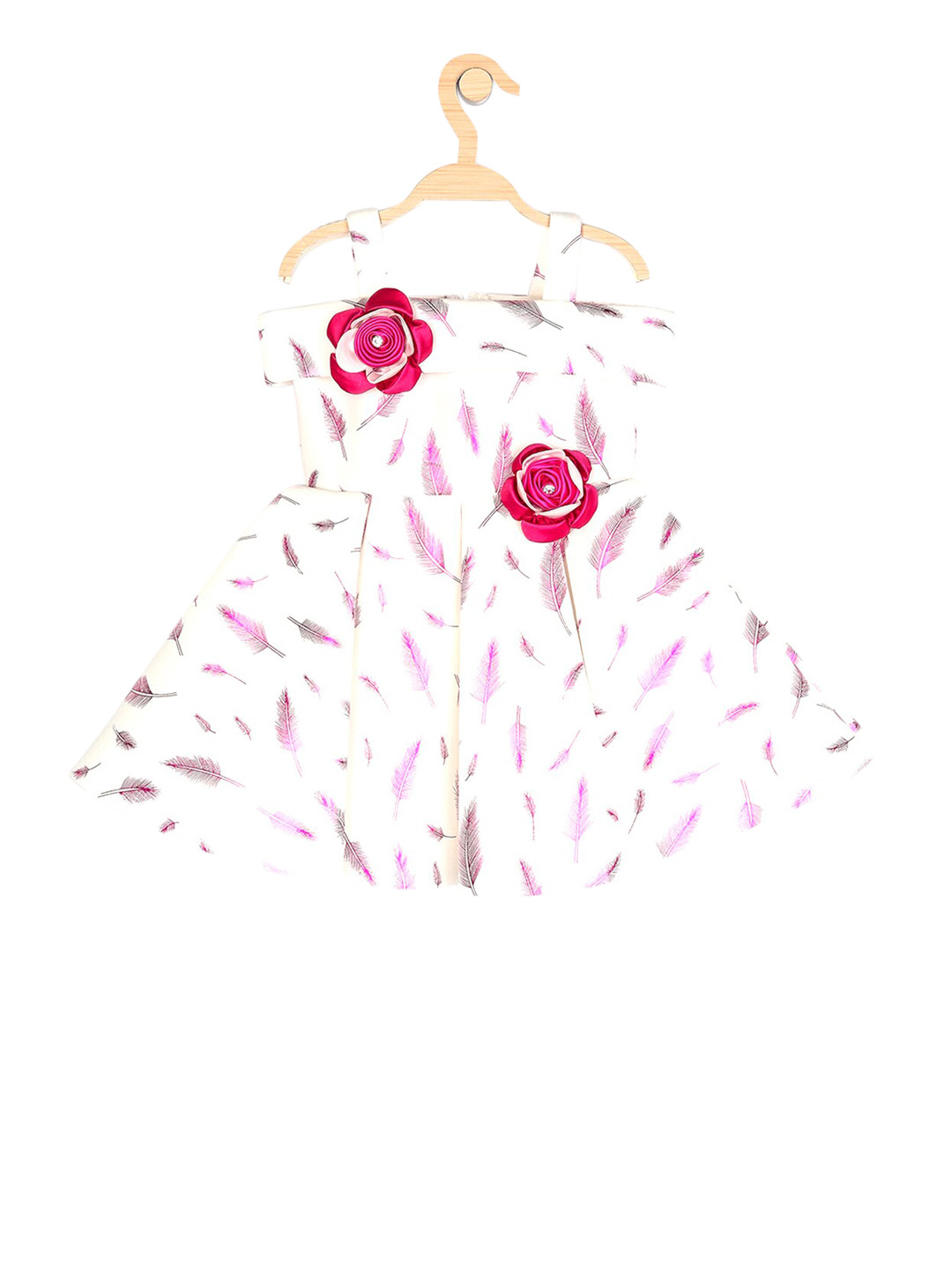 

Peppermint Girls White & Pink Feather Printed Fit and Flare Dress