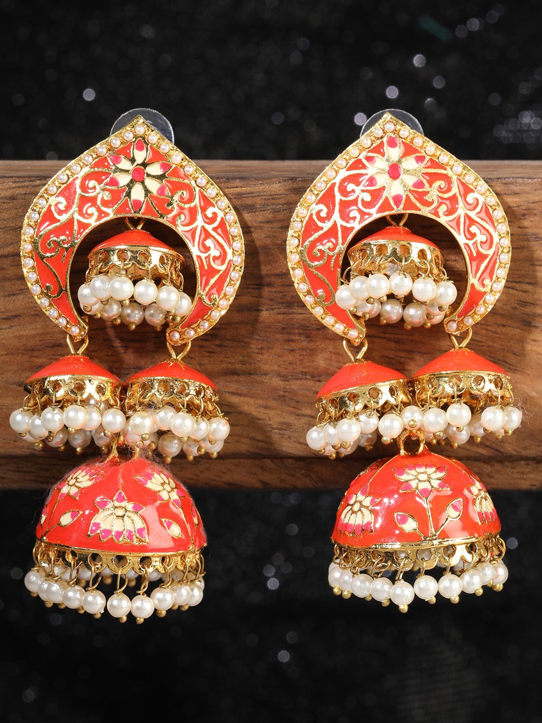 ANIKAS CREATION Orange & Gold-Plated Dome Shaped Pearl Jhumkas