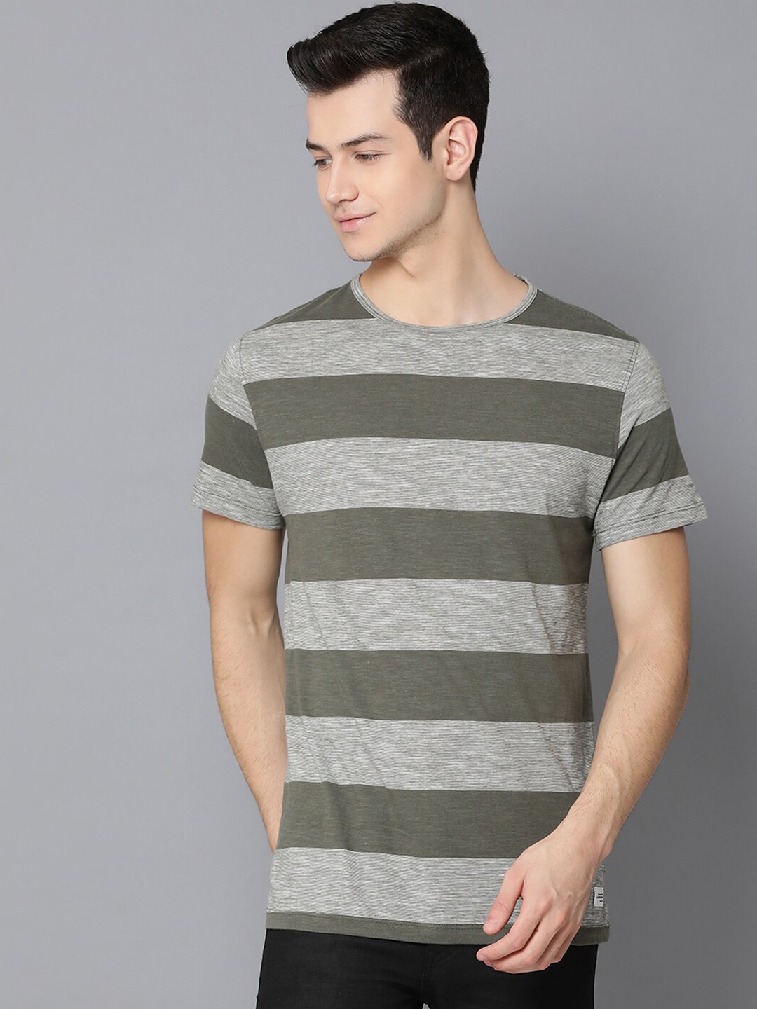 

LINDBERGH Men Green & White Striped Round Neck T-shirt