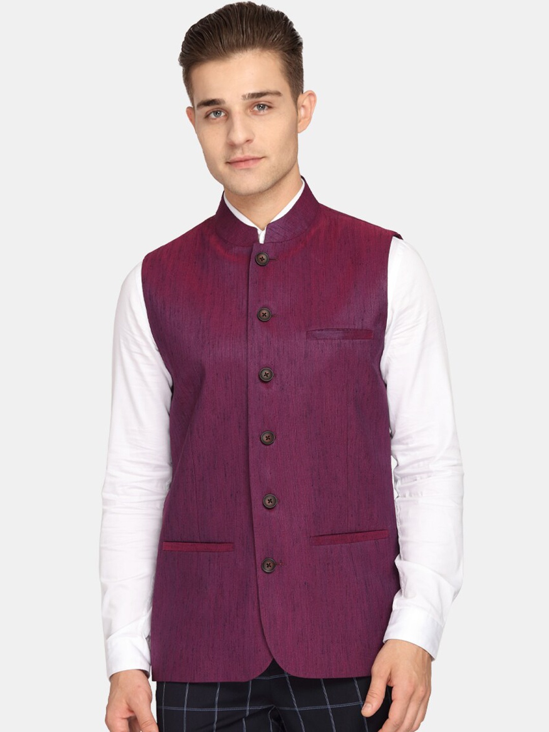 

Theme Men Purple Solid Woven Nehru Jacket