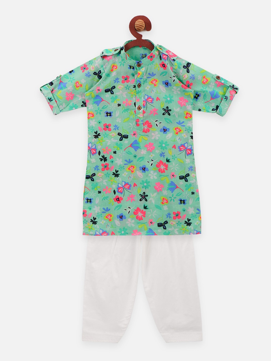 

LilPicks Boys Green & White Floral Printed Kurta with Pyjamas