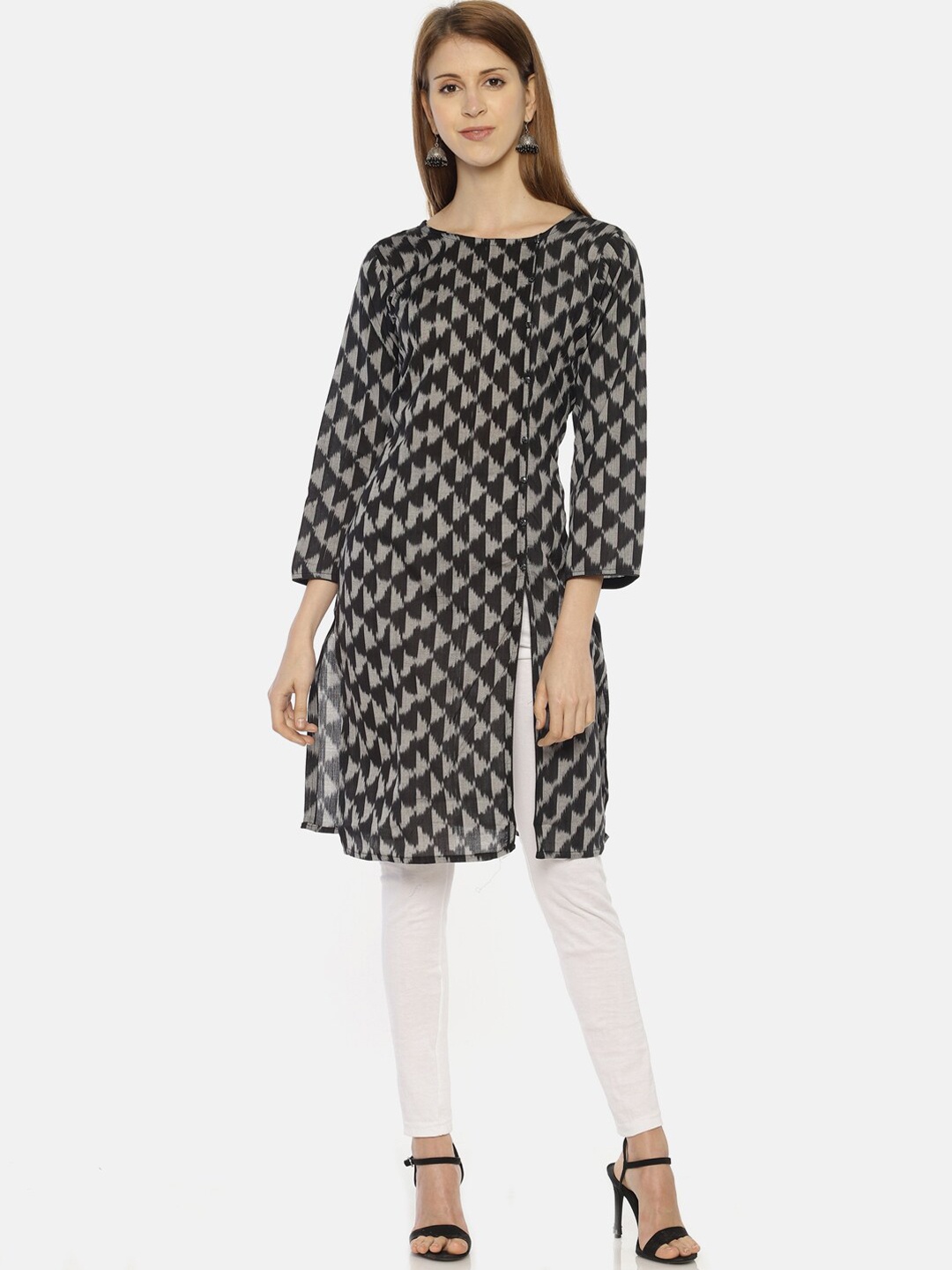 Resha Women Black & Grey Striped Straight Kurta
