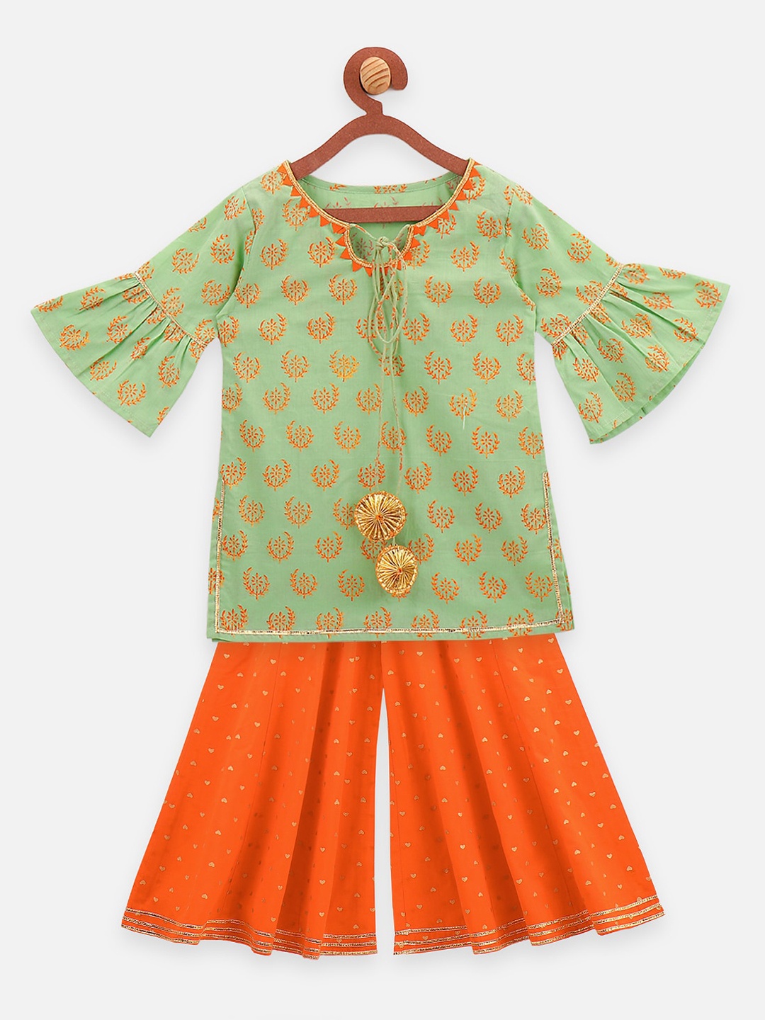 

LilPicks Girls Green Printed Kurta with Orange Palazzos