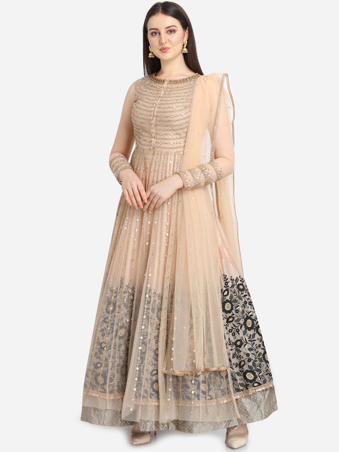 

Stylee LIFESTYLE Beige & Black Net Semi-Stitched Dress Material