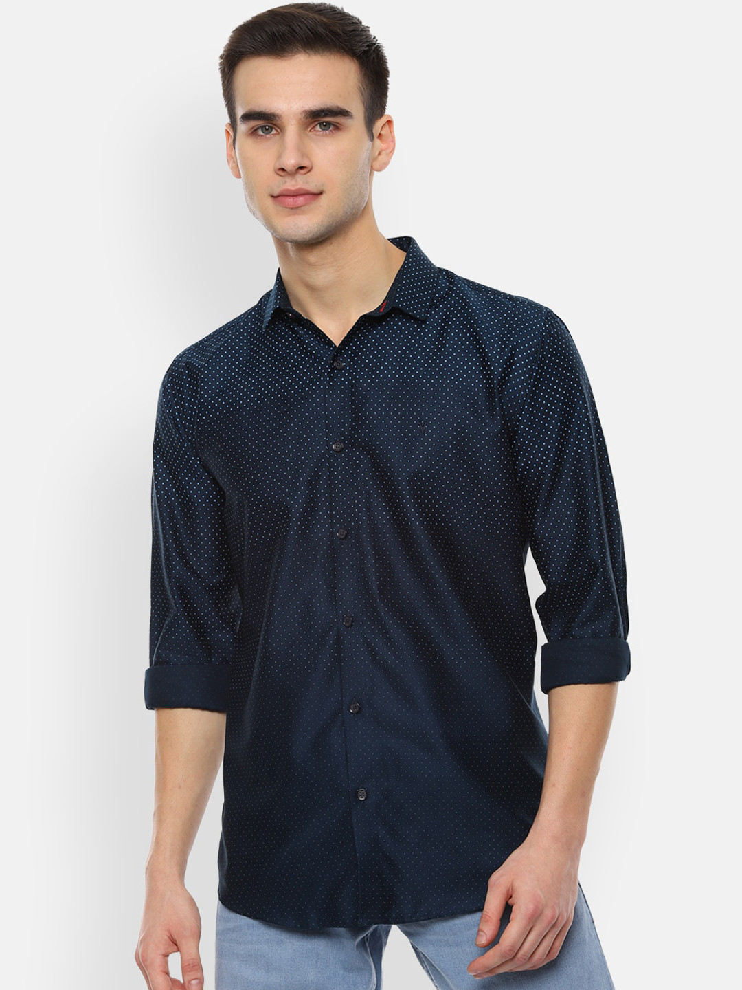 

V Dot Men Navy Blue Slim Fit Self Design Casual Shirt