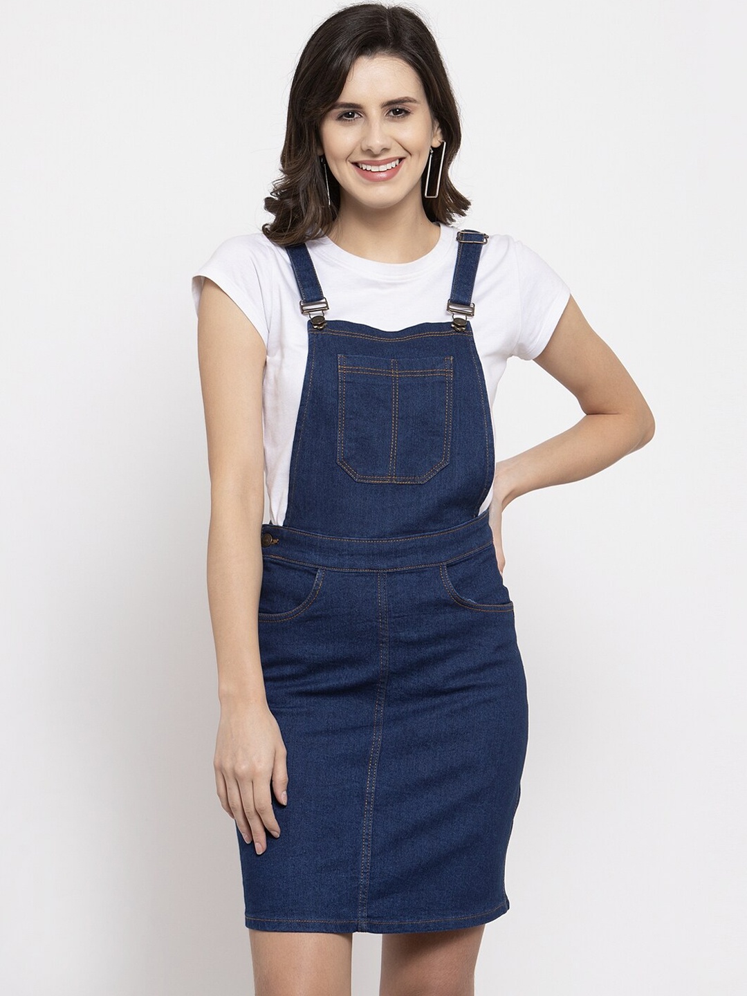 

KASSUALLY Women Navy Blue Solid Denim Pinafore Dress