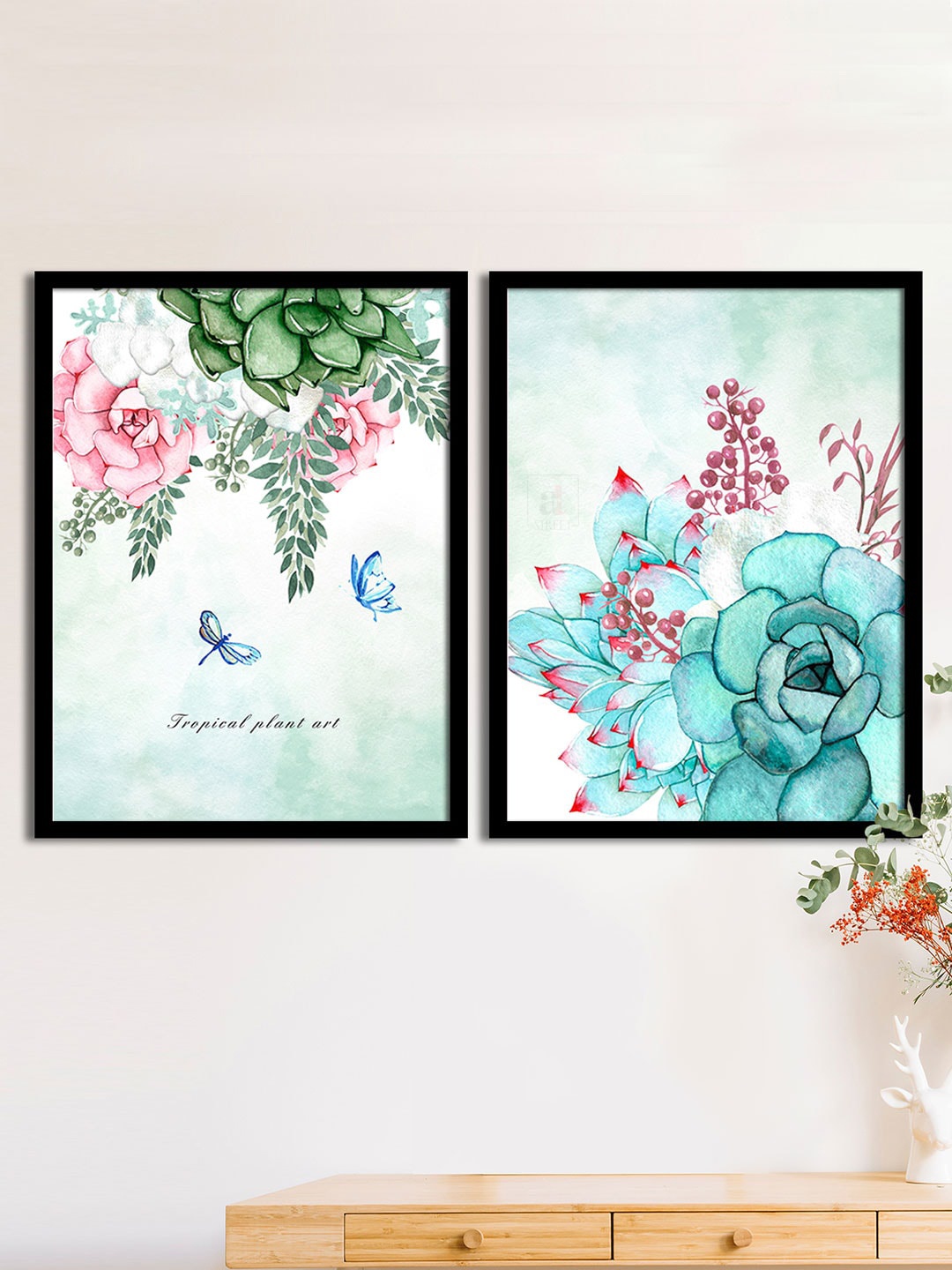 

Art Street Set Of 2 Blue & Pink Flower Matte Printed Wall Arts