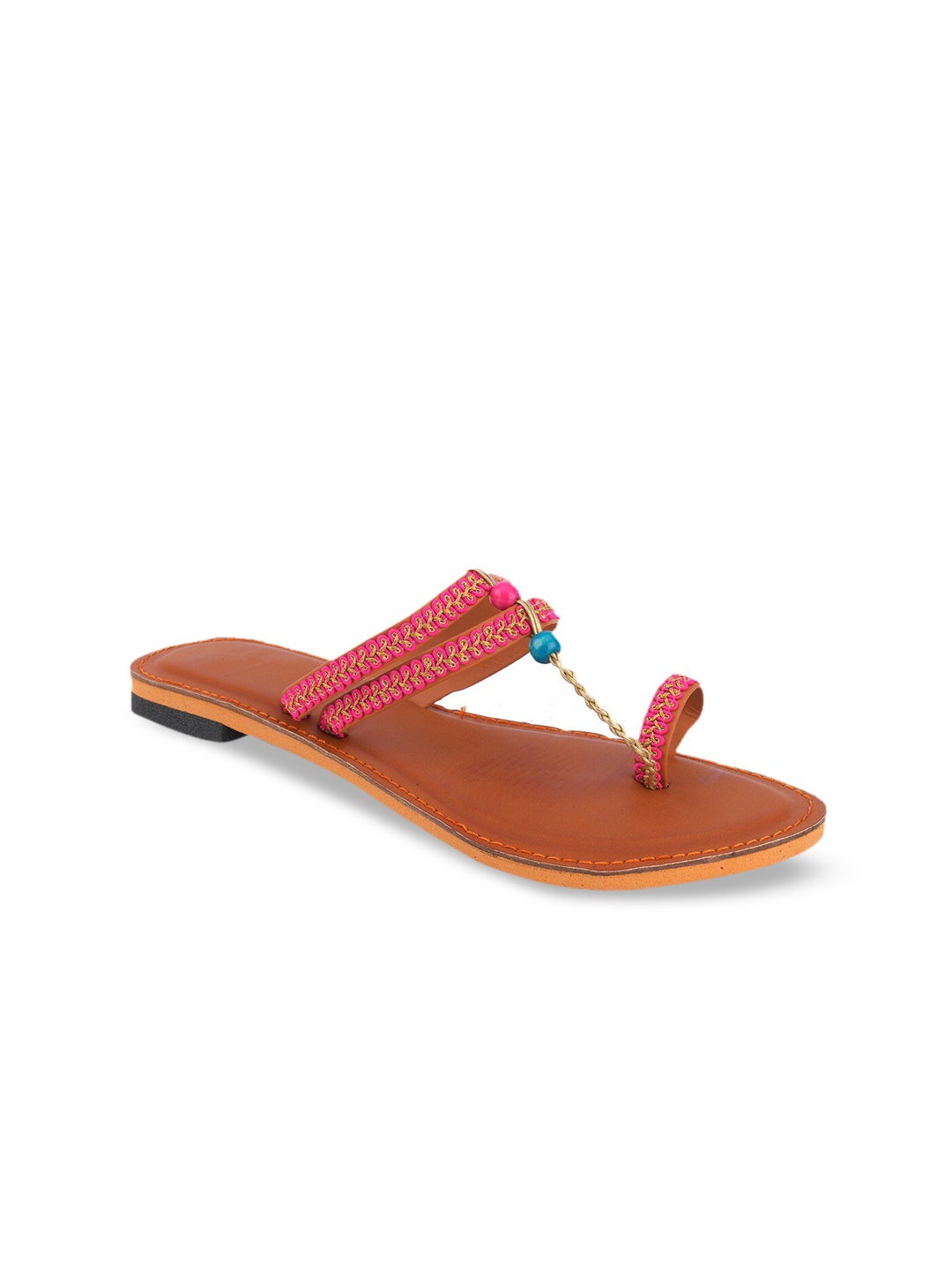 

DESI COLOUR Women Pink Embellished Leather T-Strap Flats