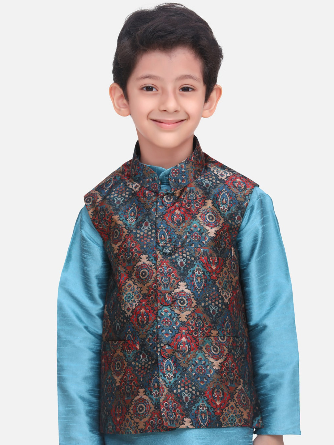 

LilPicks Boys Teal Green & Maroon Digital Printed Nehru Jacket