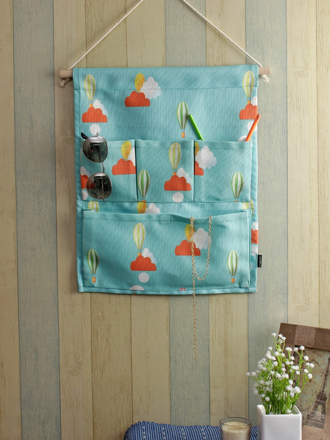 Soumya Blue & Orange Printed 4 Pocket Multi-Purpose Wall Hanging Organizer