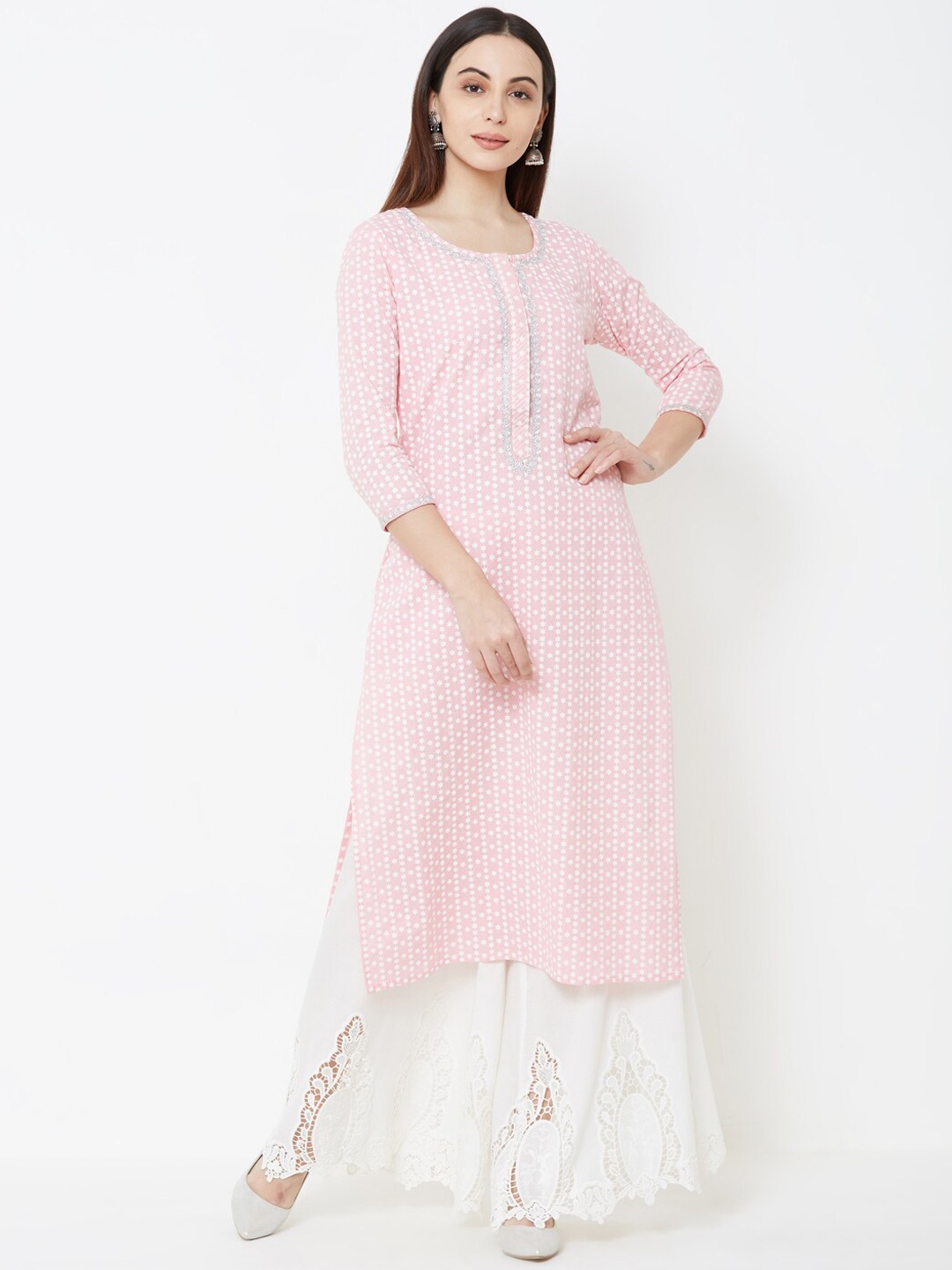 

FASHOR Women Pink & White Embroidered Straight Kurta