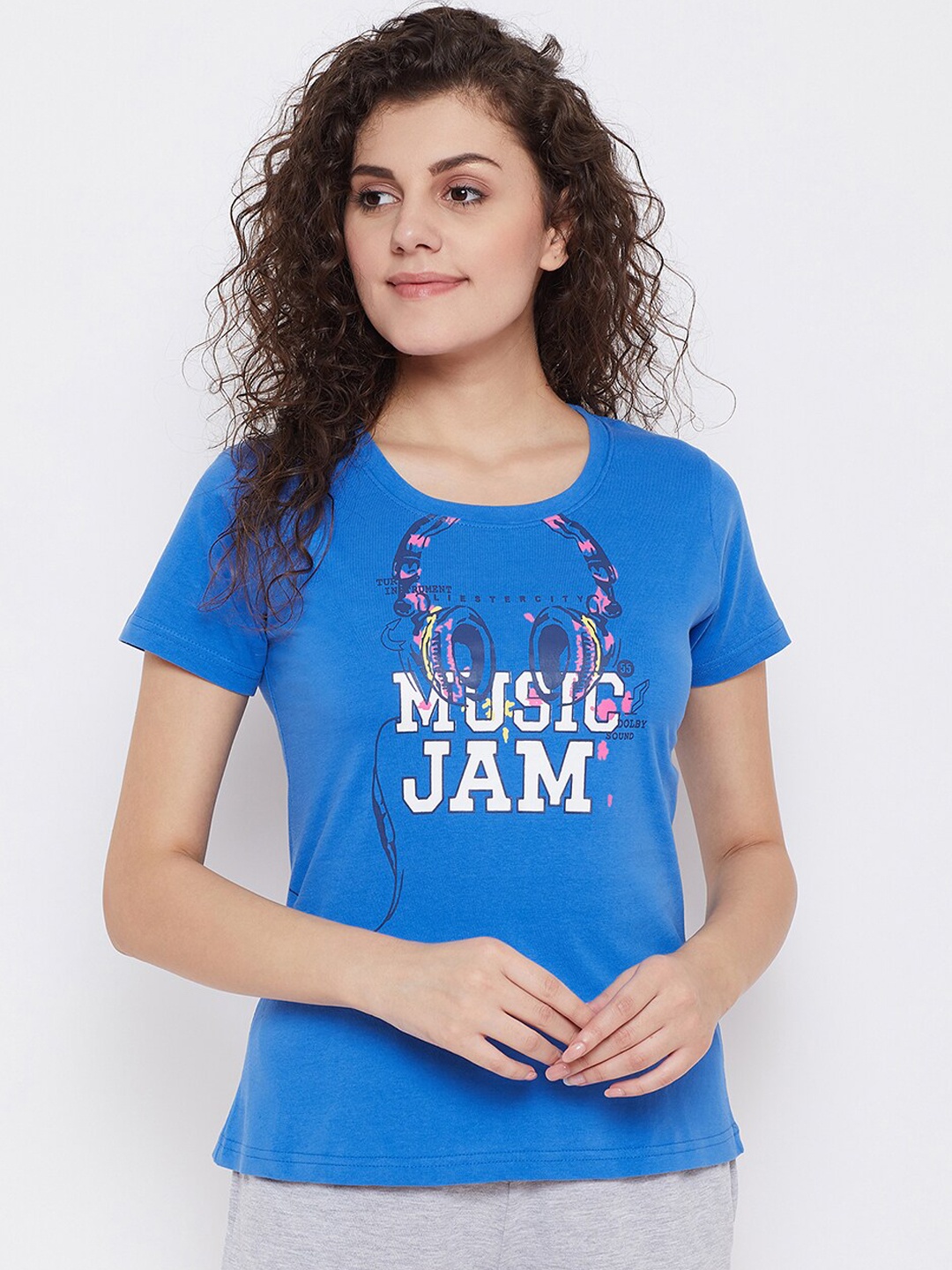 

Clovia Women Blue Rich Text Printed Lounge T-Shirt