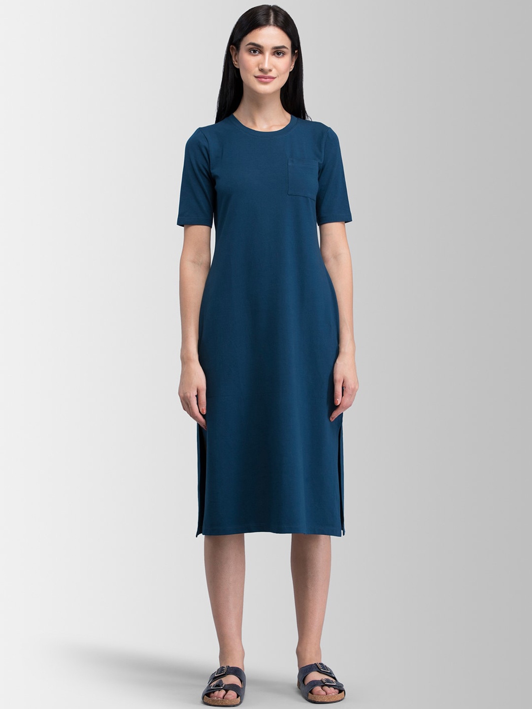 

FableStreet Women Navy Blue Solid Midi Shift Dress with Pocket Detail