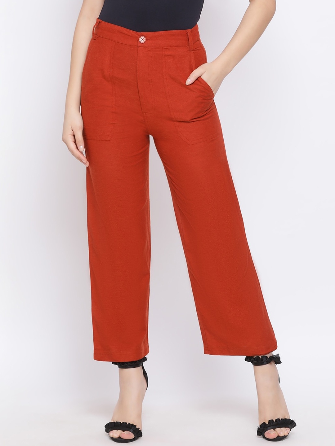 

Oxolloxo Women Rust Orange Solid Parallel Trousers