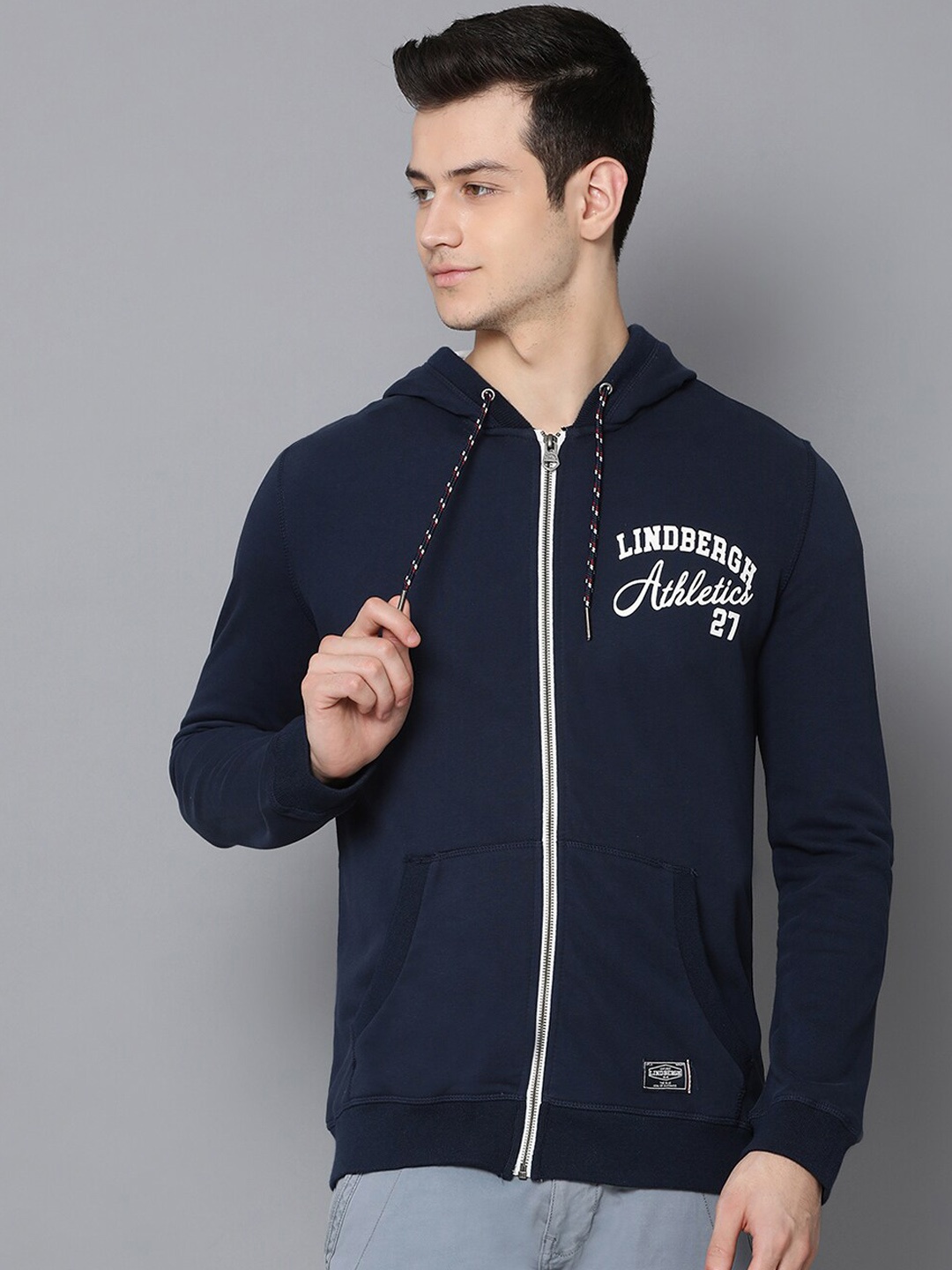 

LINDBERGH Men Navy Blue Printed Hooded Sweatshirt