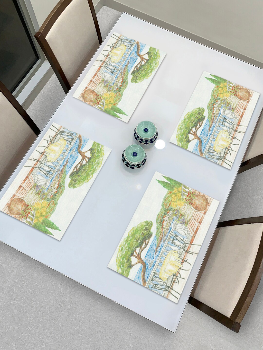 

HOKIPO Set Of 4 Green & Blue Printed Heat Resistant Table Placemats