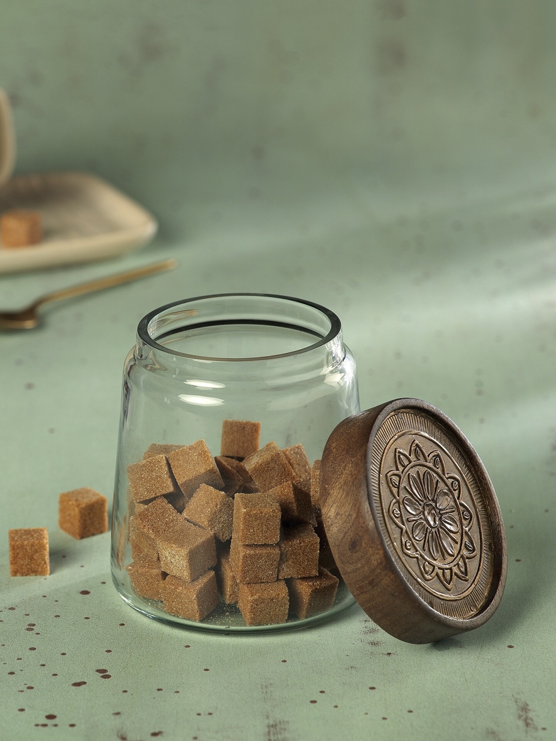 

ellementry Transparent & Brown Storage Jar With Metal Cladding Lid