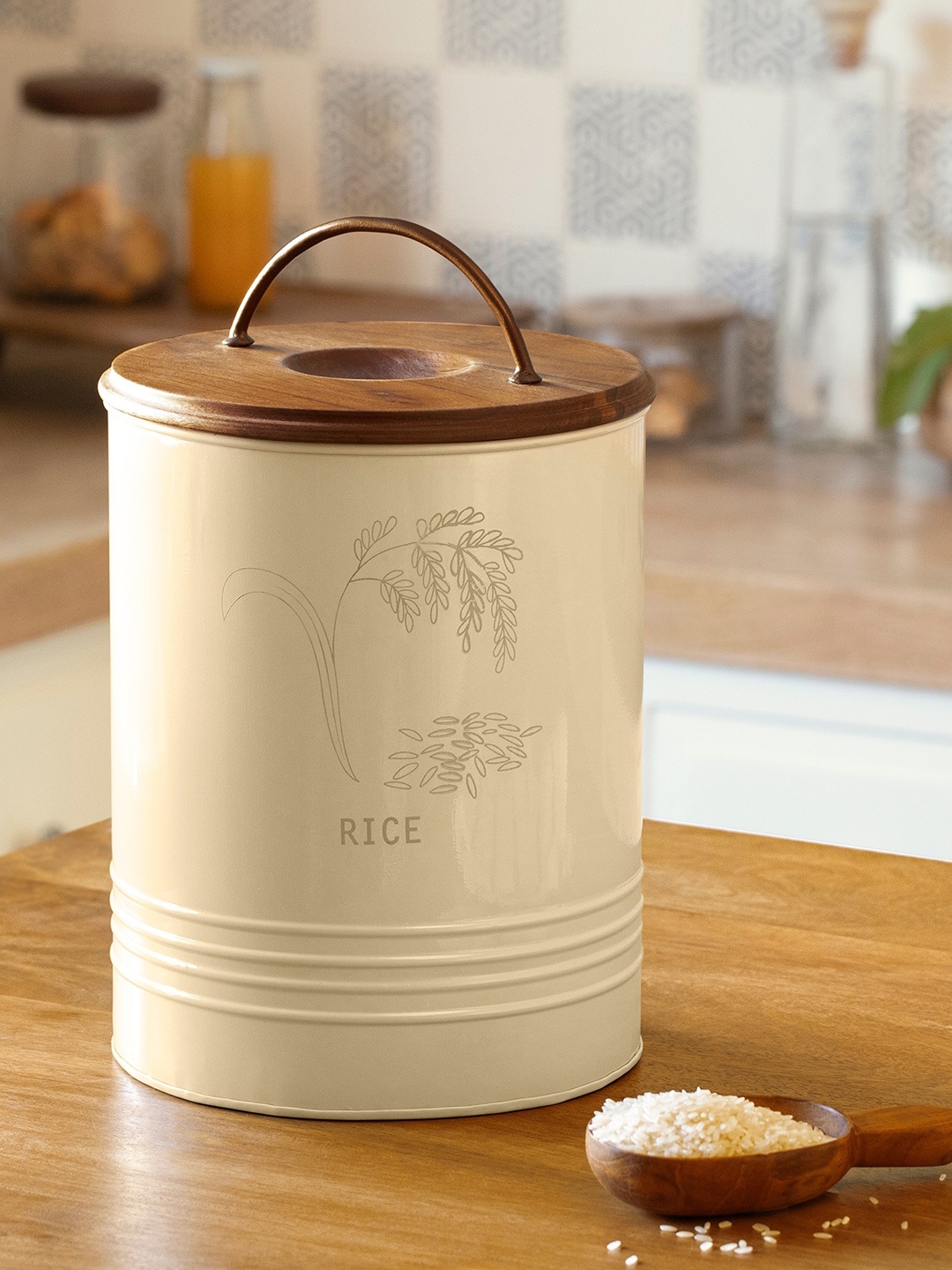 

ellementry Off-White & Brown Rice Storage Barrel With Wooden Lid