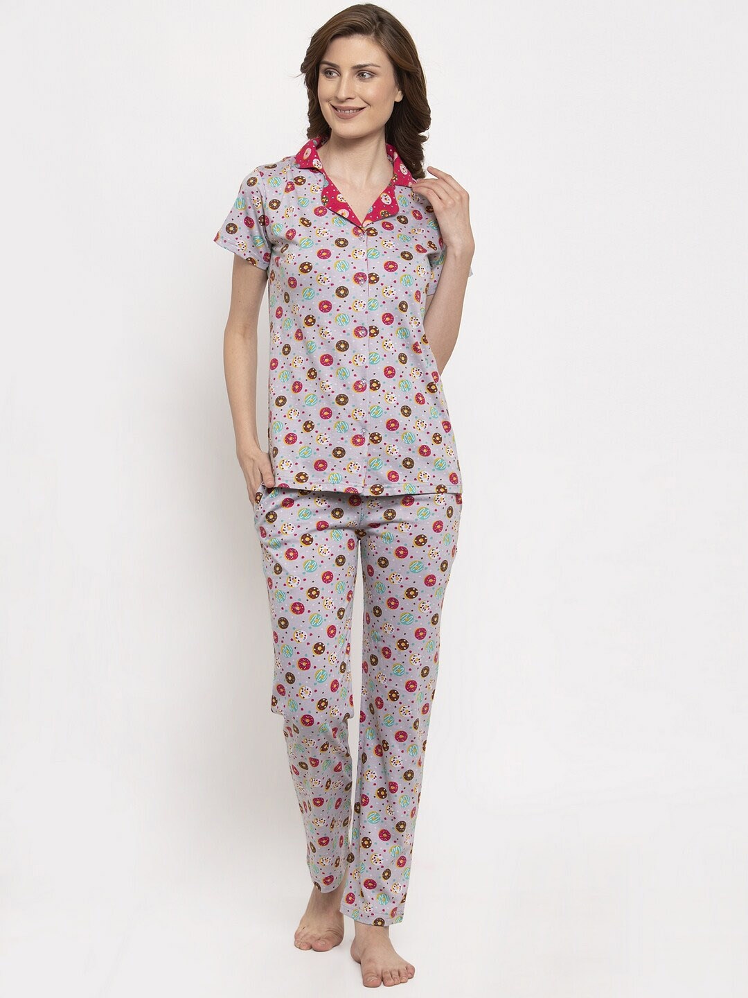 Claura Women Grey & Pink Printed Night suit