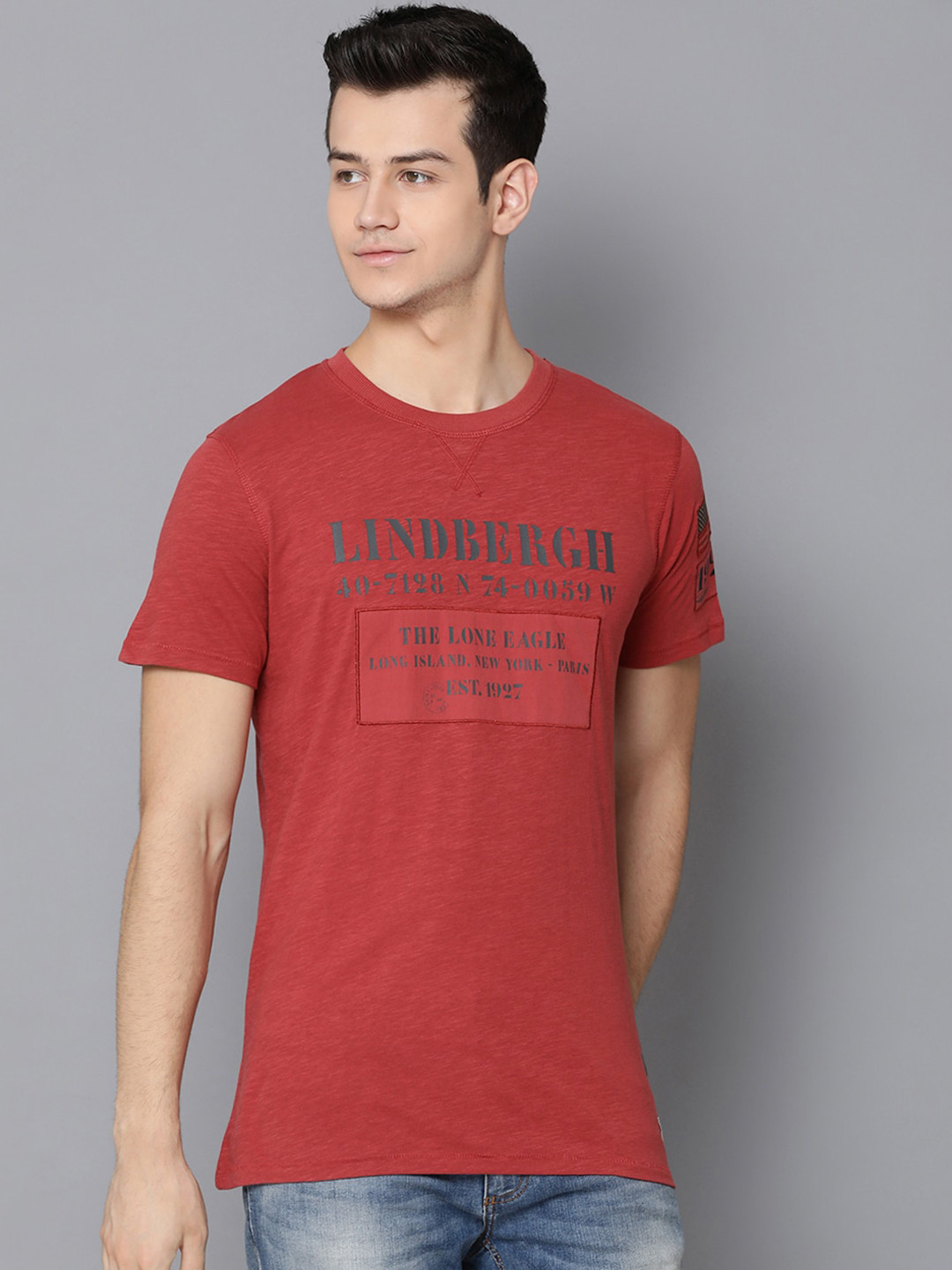 

LINDBERGH Men Red Black Brand Logo Print Pure Cotton T-shirt