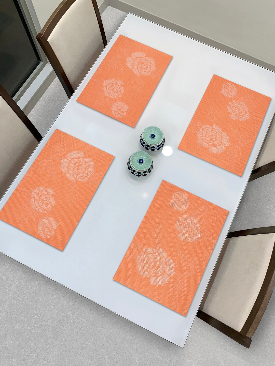 

HOKIPO Set Of 4 Orange & White Floral Washable Table Placemats