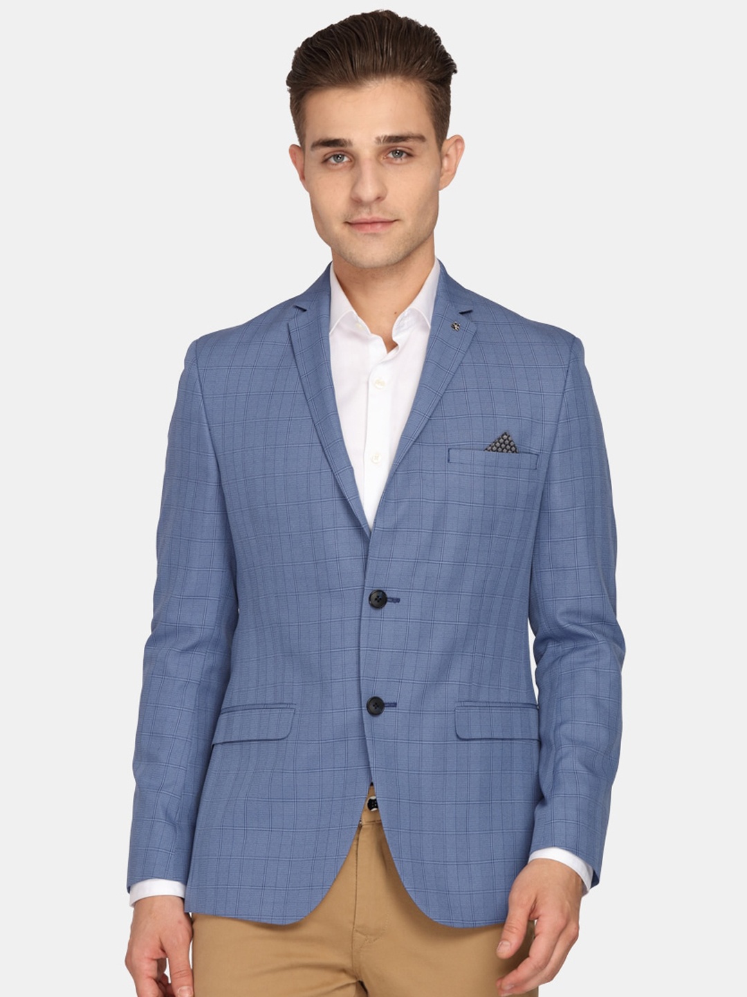 

Theme Men Blue Checked Super Slim-Fit Single-Breasted Casual Blazer