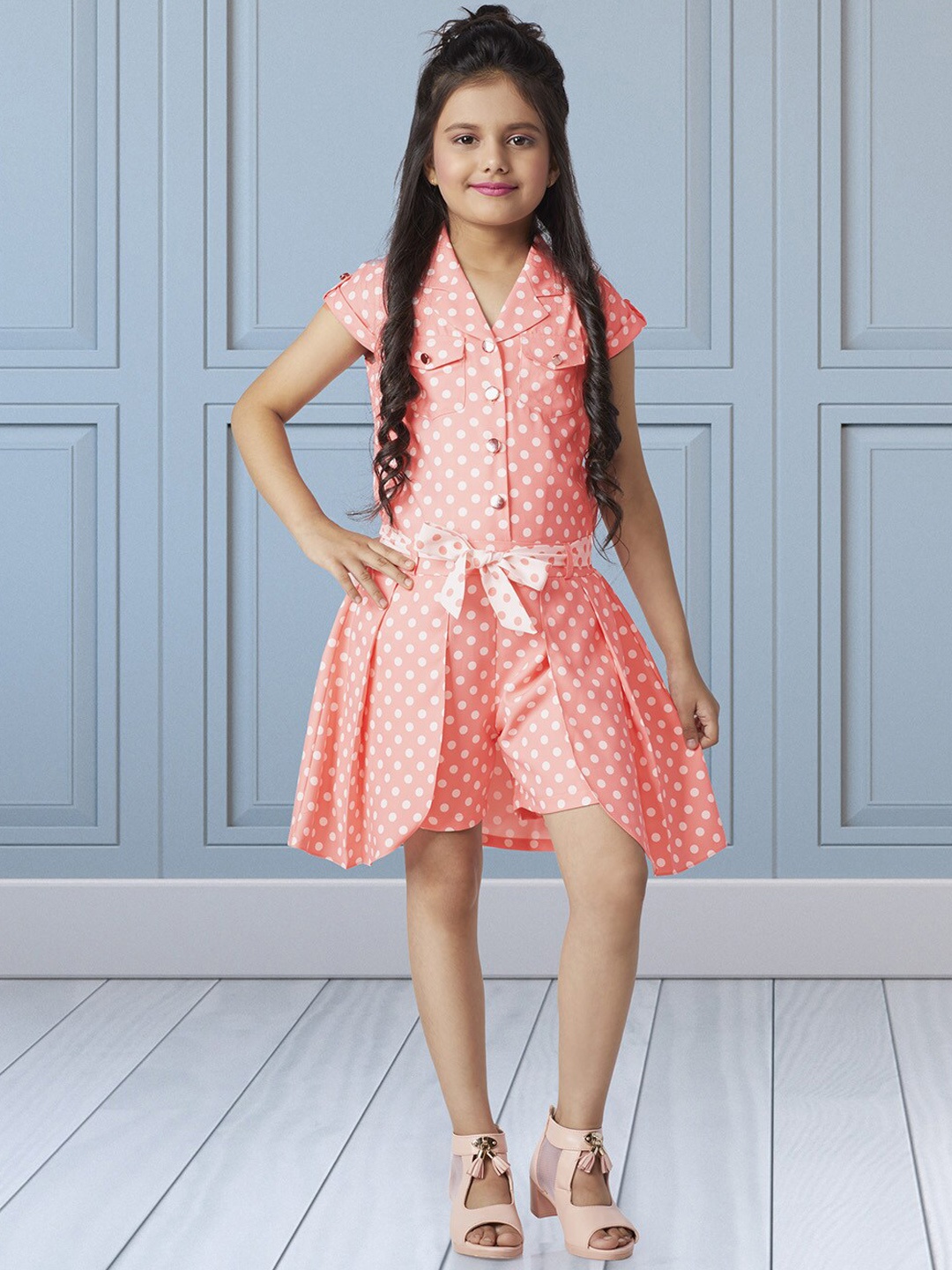

Peppermint Girls Peach-Coloured & White Printed Playsuit