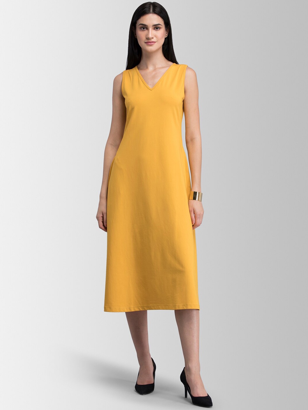 

FableStreet Women Mustard Yellow Solid A-Line Dress