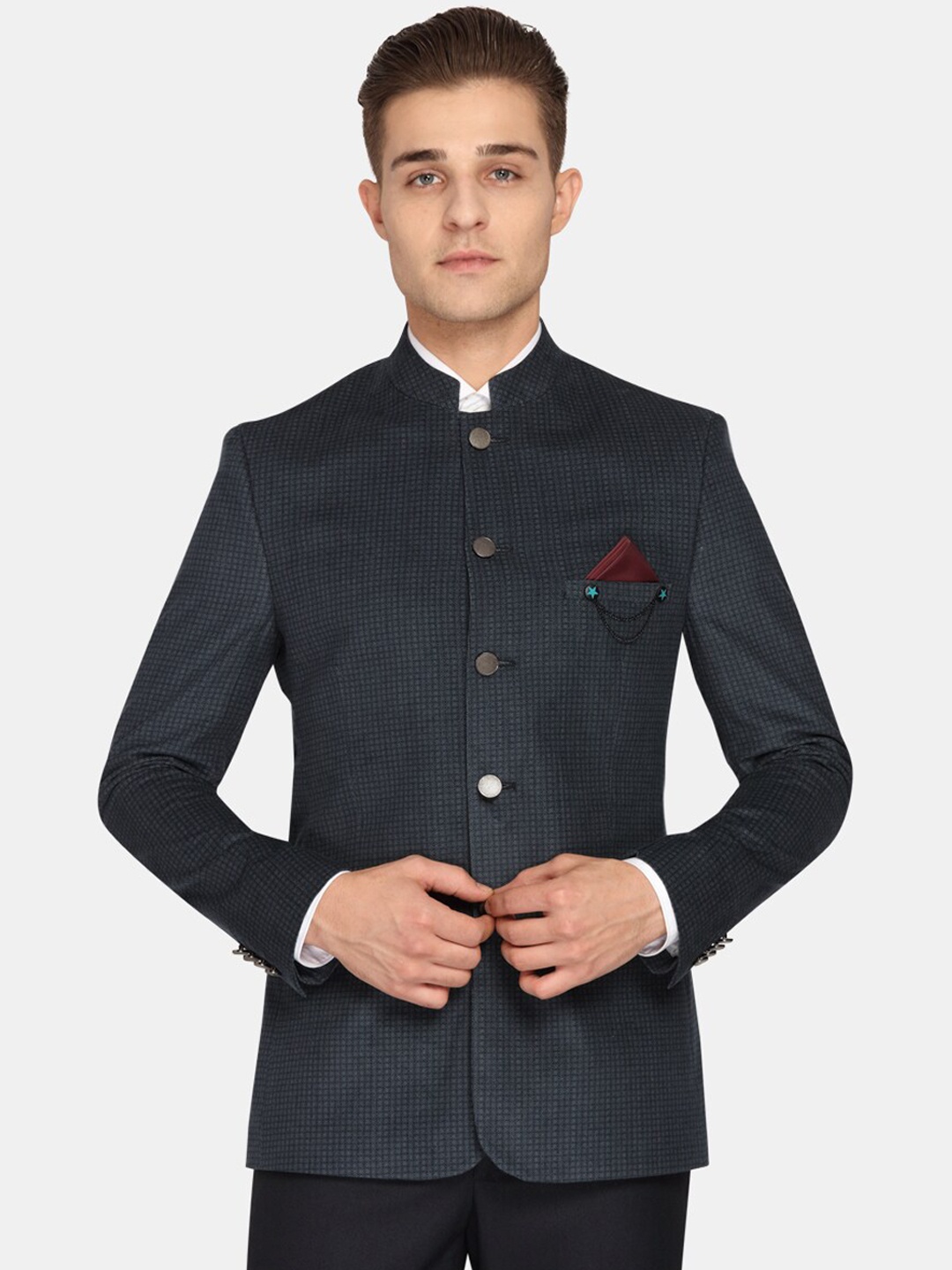 

Theme Men Blue Self-Design Super Slim-Fit Bandhgala Blazer