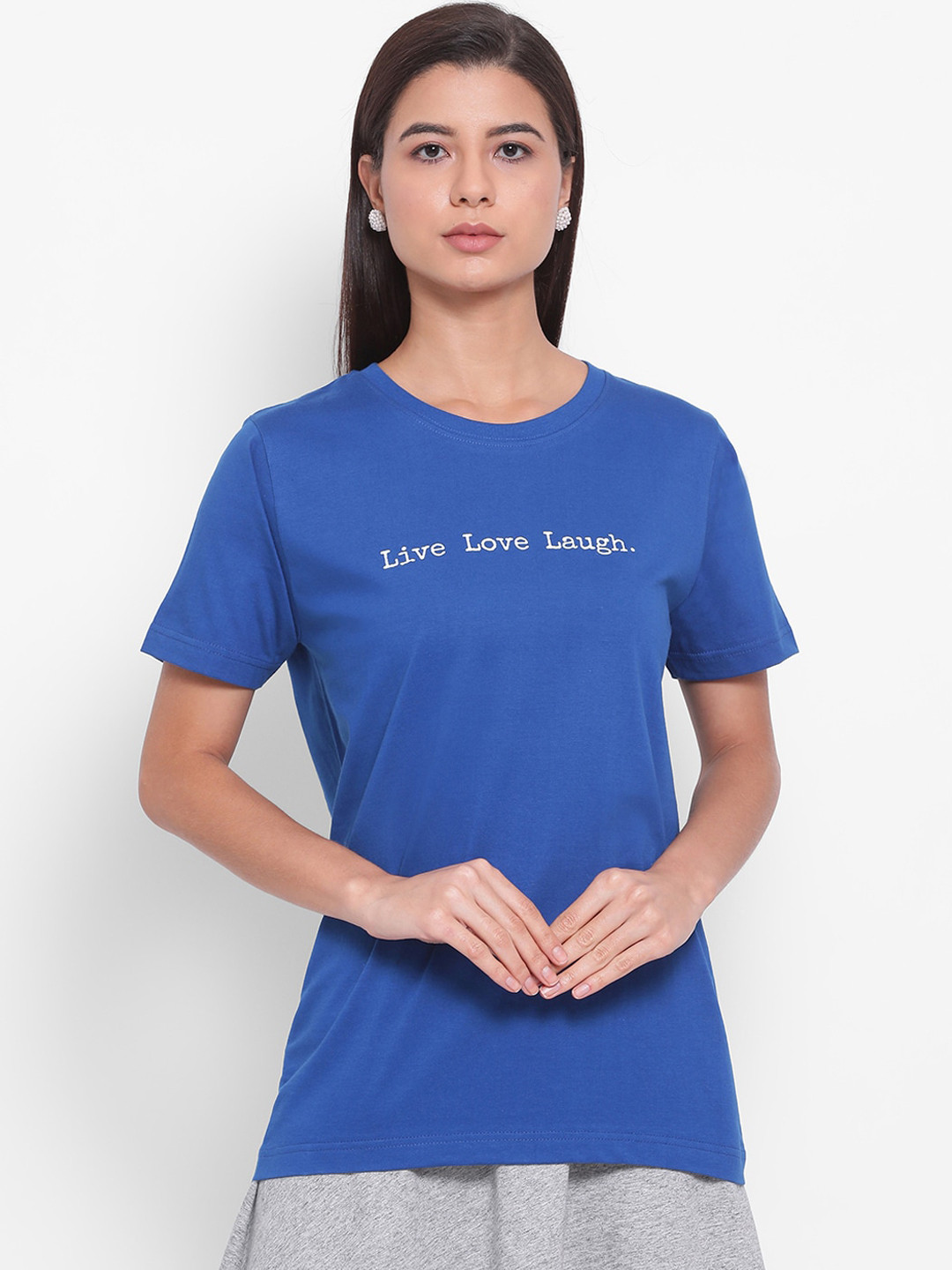 

YOLOCLAN Women Blue Printed Round Neck Pure Cotton T-shirt