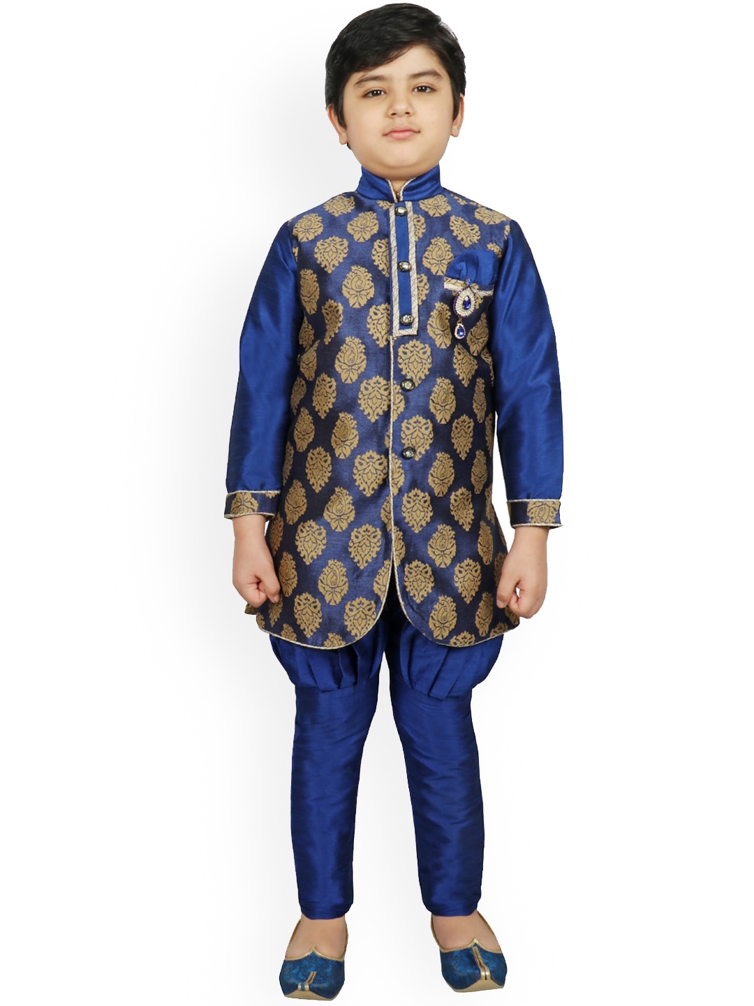 

SG YUVRAJ Boys Blue & Gold-Toned Raw Silk Printed Kurta with Pyjamas