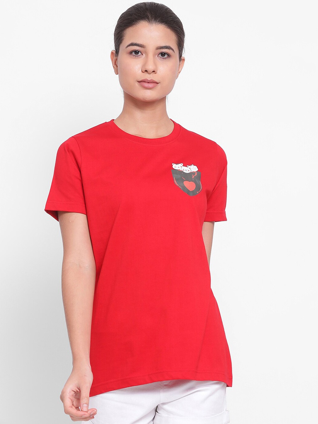 

YOLOCLAN Women Red Printed Round Neck Pure Cotton T-shirt