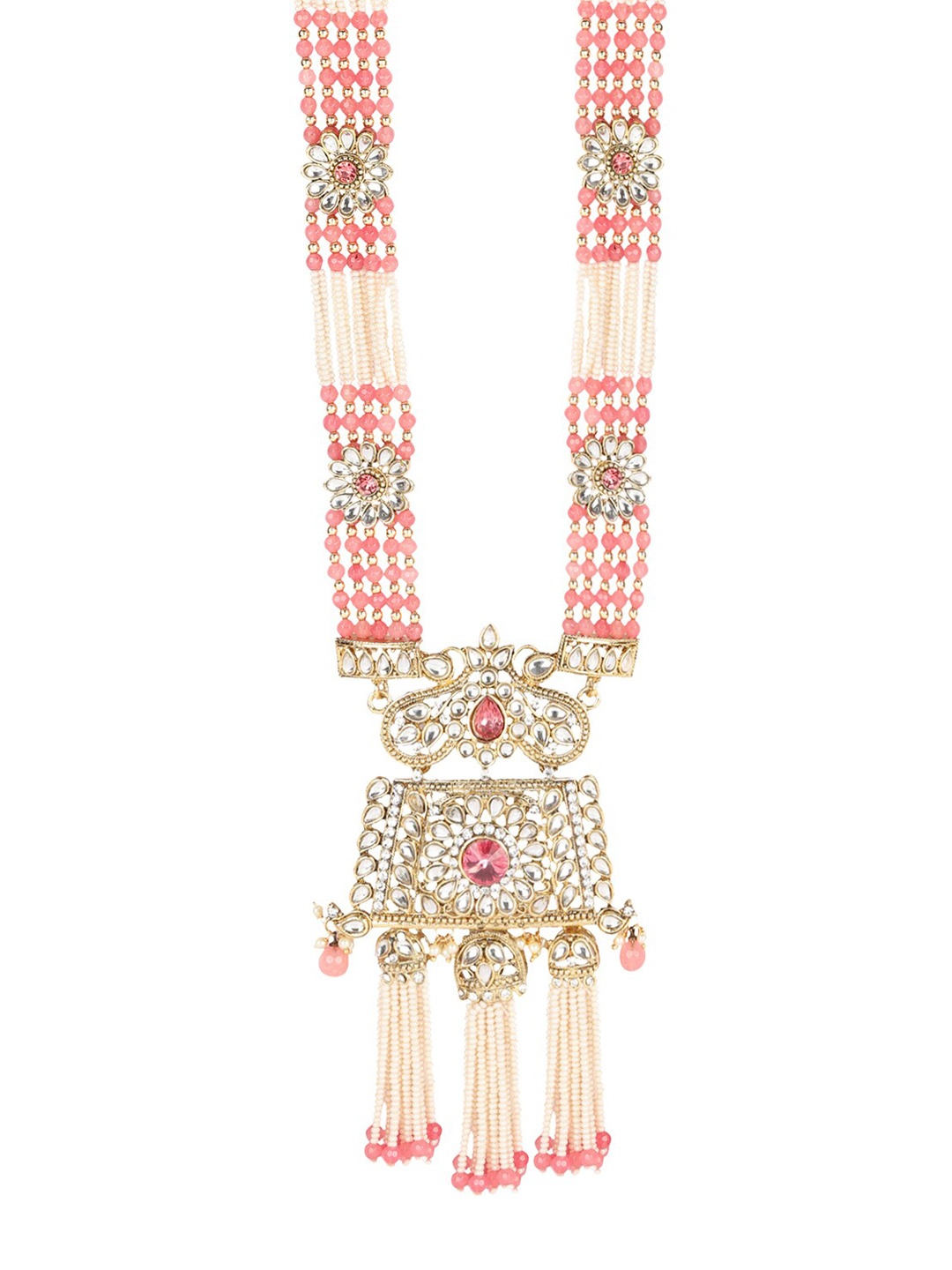 

ANIKAS CREATION Gold-Plated Pink & White Kundan-Studded Beaded Pearl Vilandi Jewellery Set