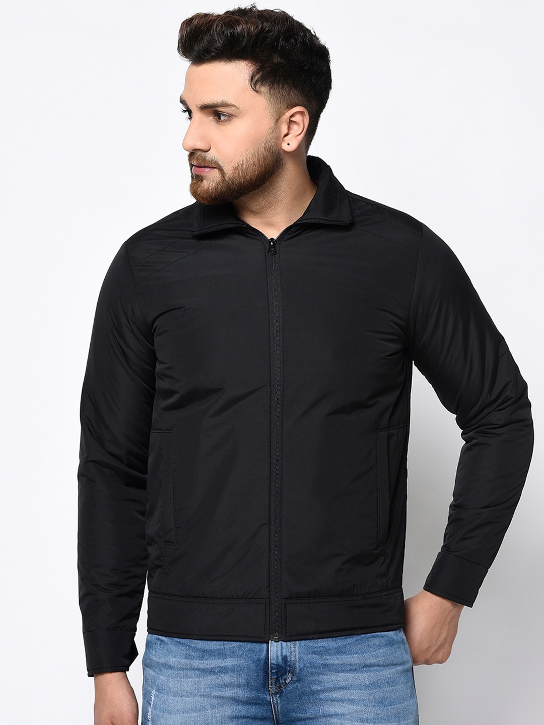 Spirit Men Black Solid Windcheater Padded Jacket