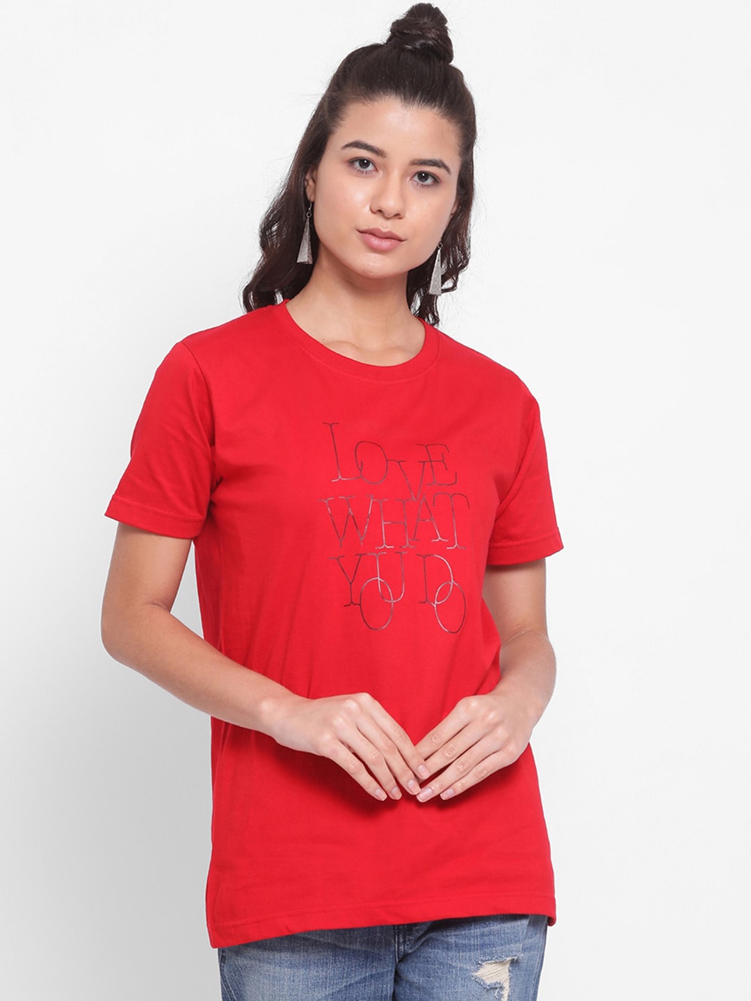 

YOLOCLAN Women Red Printed Round Neck Pure Cotton T-shirt